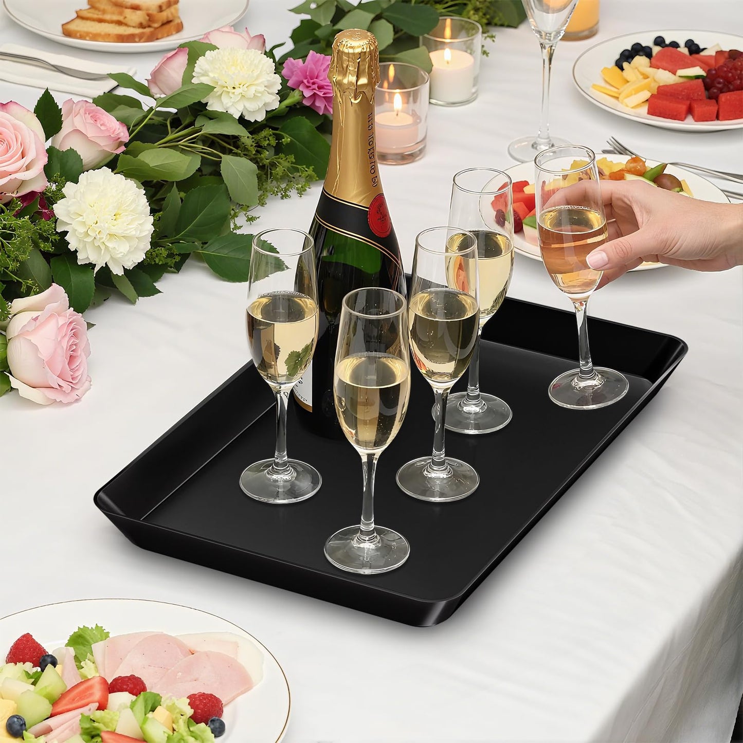 SpaceTrove 4-Pack Serving Tray Set, Reusable Plastic Serving Platter for Party Supplies, Entertaining, Grilling Accessories, Stackable Kitchen Snack Box Container for Dessert, Fruit, Cookie, (Black)