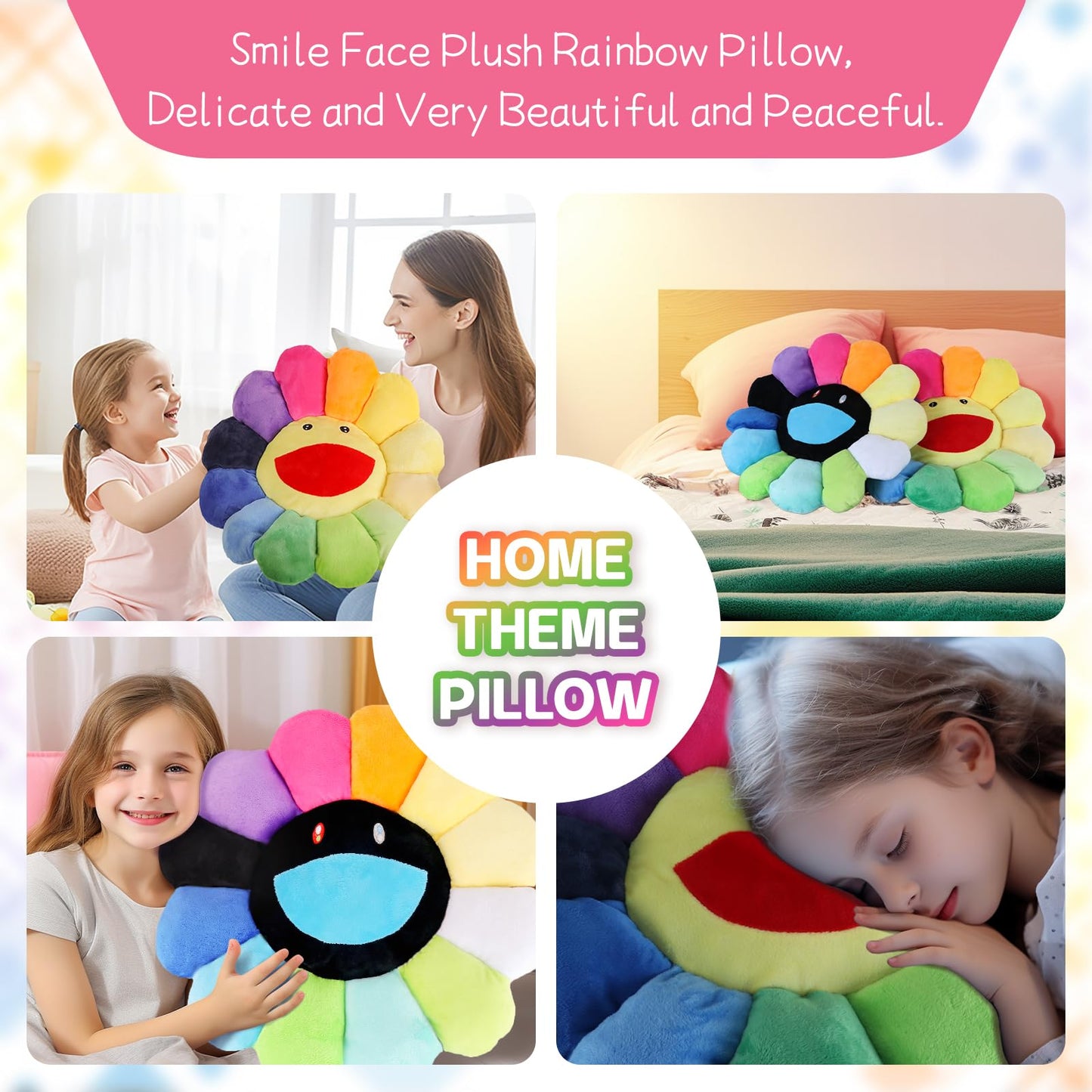 SNEPOO Smile Face Plush Rainbow Pillow, Sunflower Indie Decor Plush Pillow Soft & Comfortable Flower Floor Pillow for Home Reading Bed Room Decoration (40CM, Black and White)