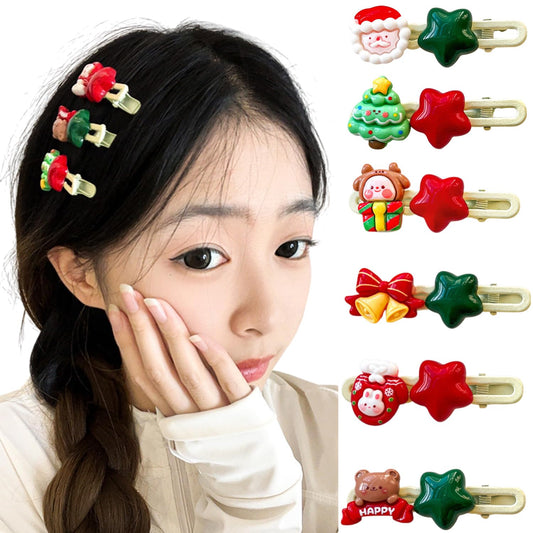 Christmas Hair Clips for Women 6Pcs Cute Hair Barrettes Cartoon Star Santa Claus Bell Gloves Fashion Accessories Xmas Tree Side clip Design Christmas Claw Clips for Women Holiday Party Hairs Decor