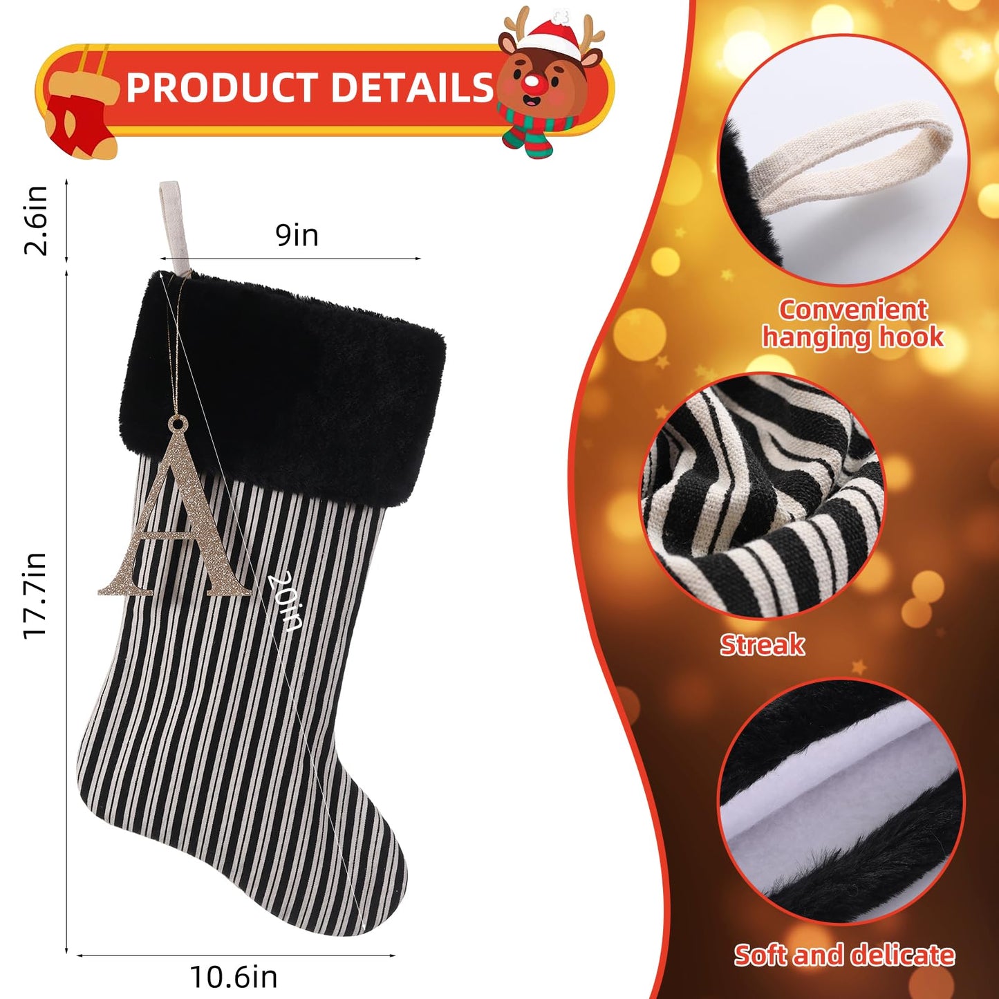 JKSVE 20 Inch Black Vertical Stripe Christmas Stocking, Personalized Gold Wooden Initial Monogram Christmas Stocking,Christmas＆Halloween Holiday Party Decor（A）