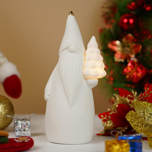 Luxstyra White Ceramic Gnome Figurine with Christmas Tree Lighted, 7.5" Christmas Gnome Decoration, Light Up Xmas Tree with Timer, Gnomes Gifts for Women, Sandinavian Xmas Decor for Tabletop Mantel