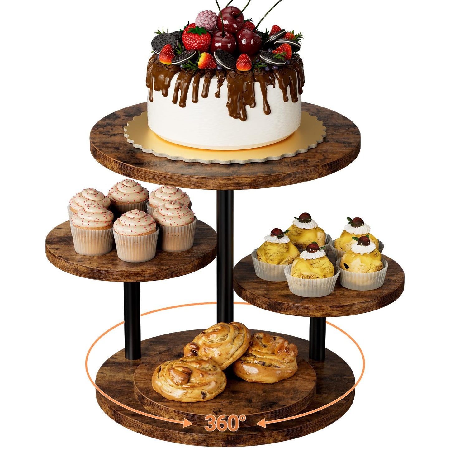 FZGhome Cupcake Stand 4 Tier for 50 Cupcakes Wooden Cake Stand 360°Rotatable Dessert Stands Round Cookie Tiered Tray Stand for Party Birthday Wedding Baby shower Afternoon Tea Dessert Table, Brown