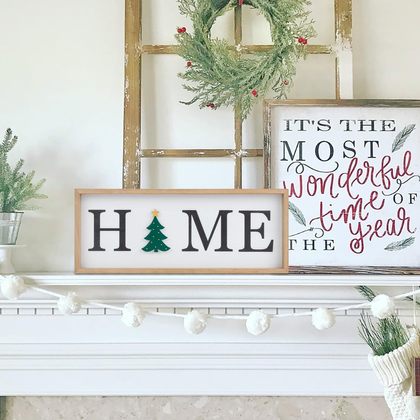 Interchangeable HOME Seasonal Tabletop Sign with 12 Pcs Seasonal Icons Wooden HOME Sign for All Seasons Shelf Mantel Windowsill Decor