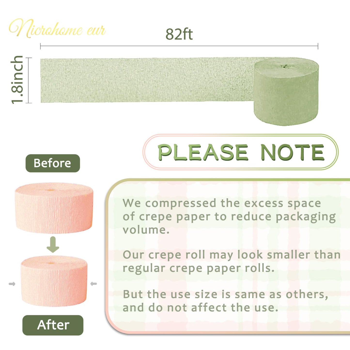 NICROHOME EUR Wedding Party Decorations, 8 Rolls Moss Sage Green Pink Crepe Paper Streamers for Boho Baby Shower, Wedding, Engagement Party, Spring Party, Birthday Party Supplies, 82 ft Long