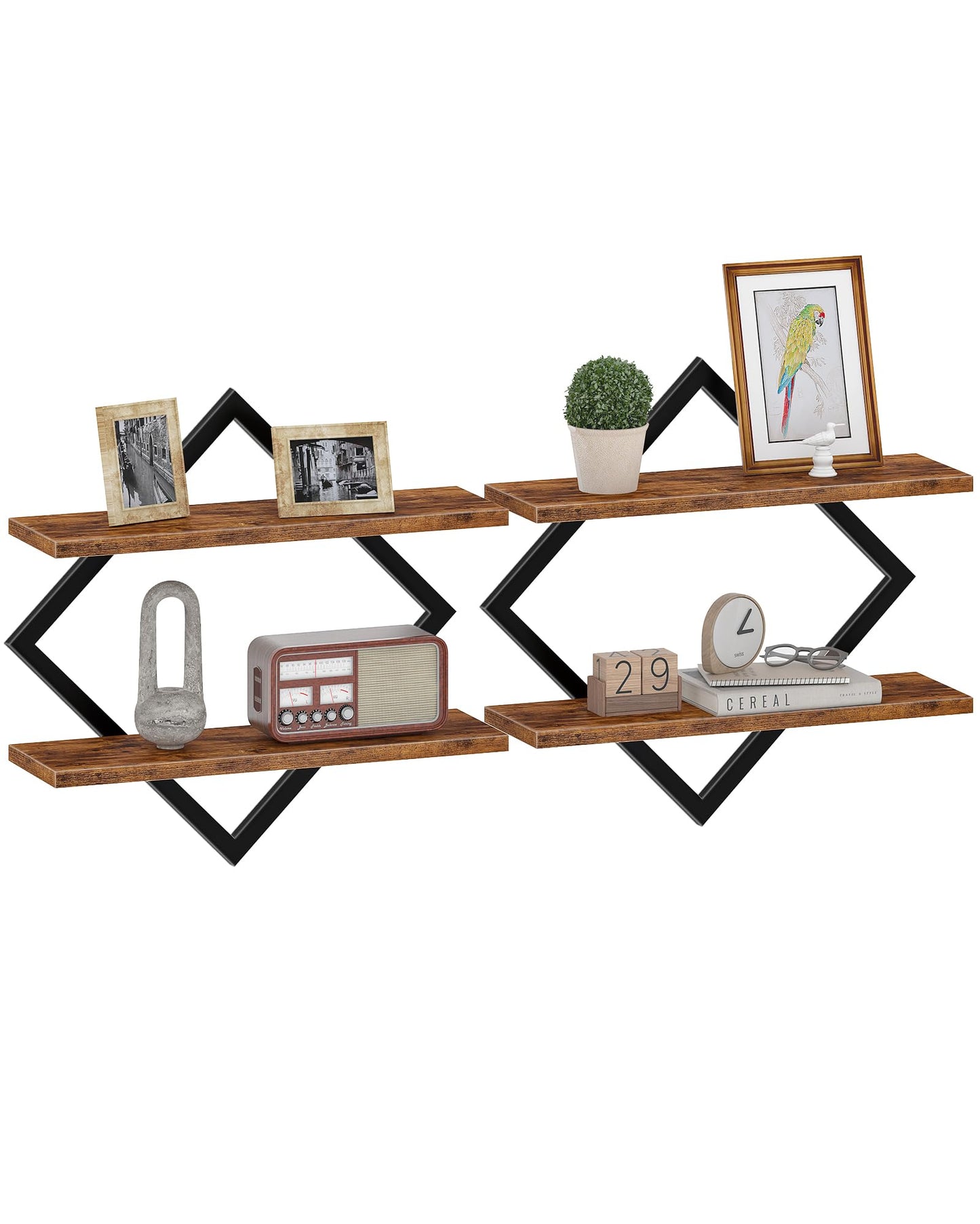 CHOEZON Floating Shelves, Set of 2 Wall Shelves, 2-Tier Hanging Shelves, Wall Shelf Set of 2, Wall Mounted Shelves, for Living Room, Bedroom, Kitchen, Office, Study, Rustic Brown TBJ01P2BF