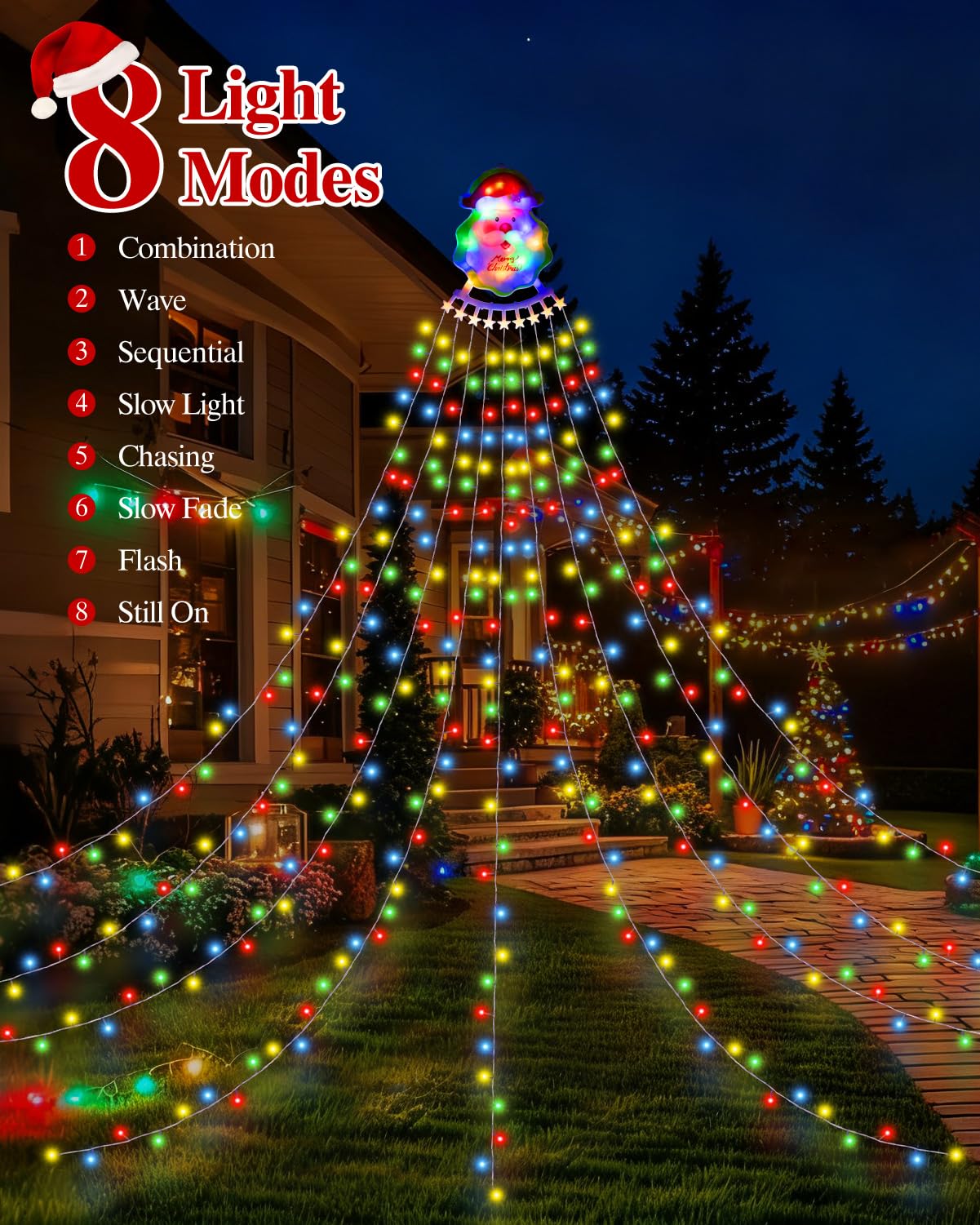 Christmas Waterfall Outdoor String Lights, Christmas Tree Lights with Topper 335 LED 11.48ft 9 Strands, 8 Lighting Modes Holiday New Year Decoration Lights for Wedding Yard Party Home Indoor Decor
