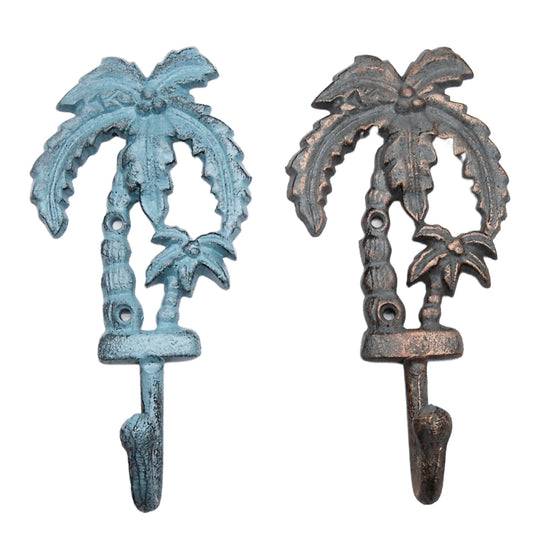 Wowser Palm Tree Cast Iron Wall Hooks – Coastal & Nautical Wall Decor, Heavy Duty Towel & Coat Hooks, Tropical Beach House Accent, Set of 2 Assorted Colors, 8 Inch