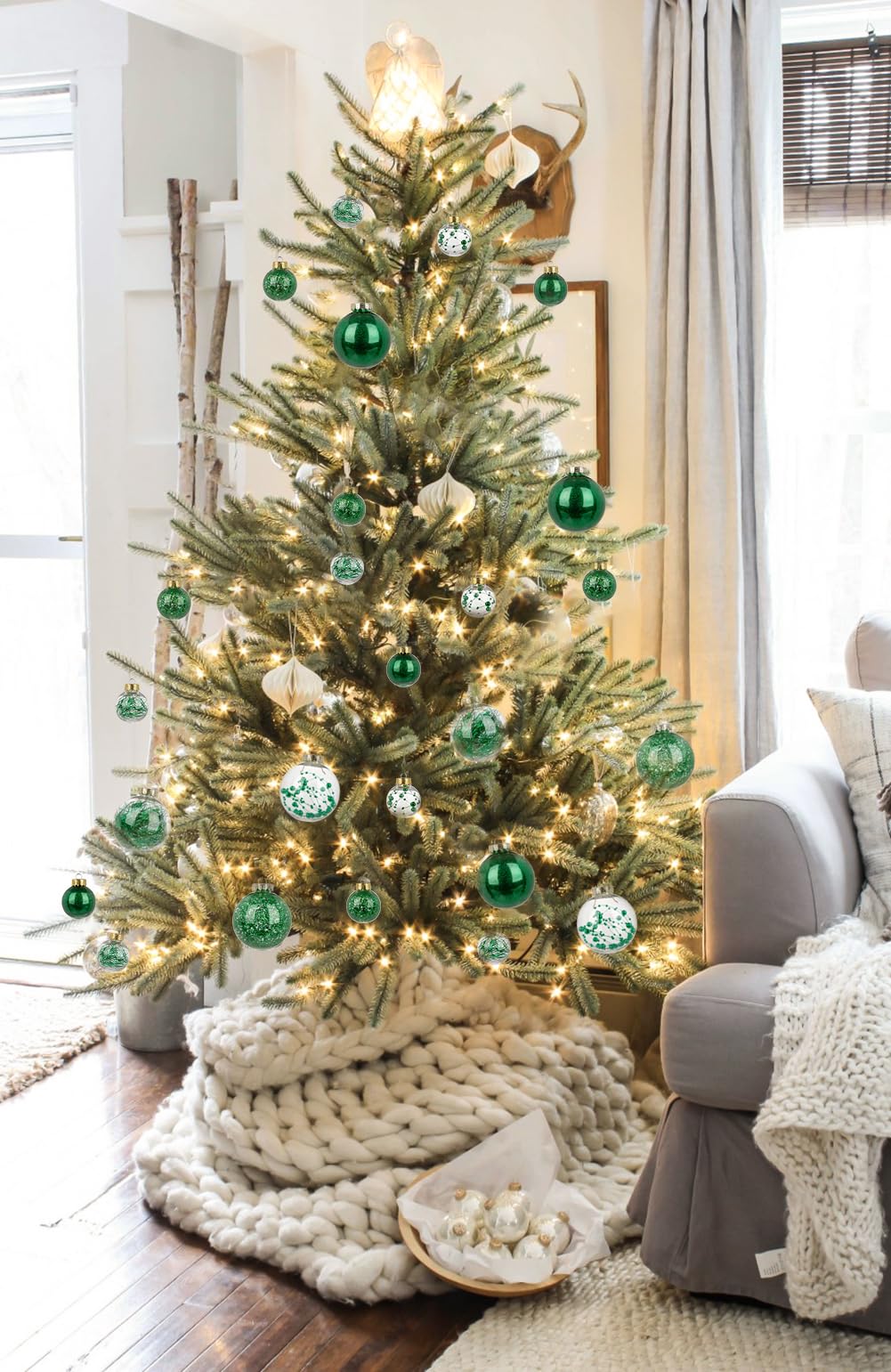 Briful 80mm/3.15" Shatterproof Clear Plastic Christmas Ball Ornaments Decorative Transparent Xmas Balls Baubles Set with Stuffed Delicate Decor Hanging Christmas Tree Ornaments(12 Counts, Green)