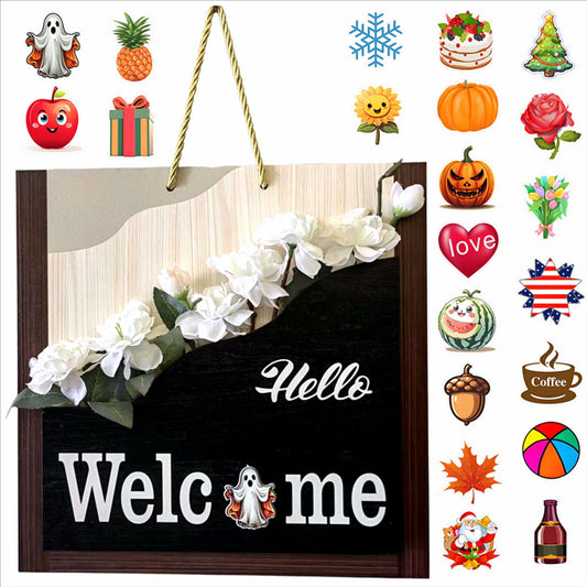 Seasonal Welcome Sign with 21 Magnetic Holiday Decorations, 12-Inch 3D Floral Door Decor, Interchangeable Vintage Hanging Sign for Christmas, Thanksgiving, Home