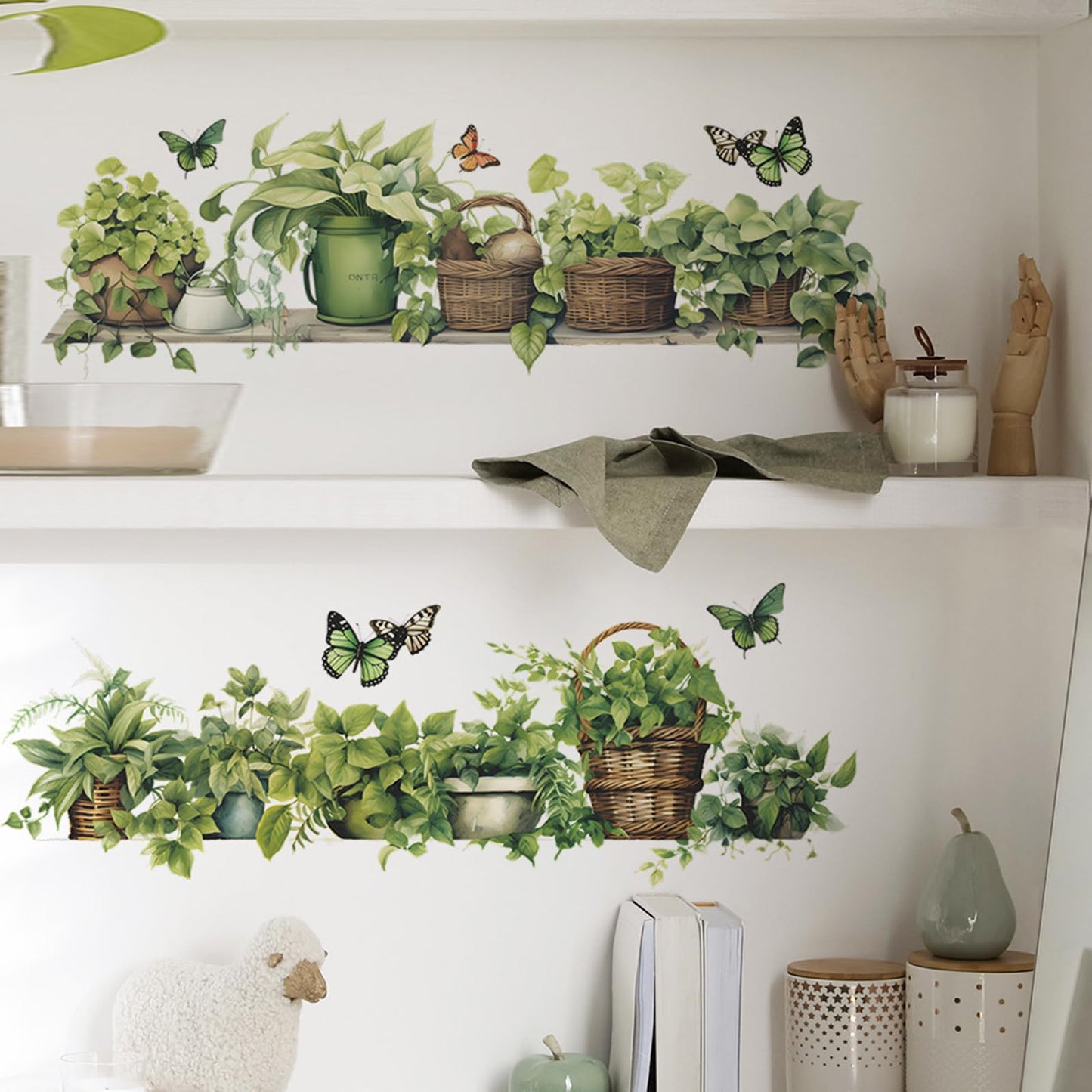 Green Plant Wall Decals 3D Bonsai Tropical Plant Betterfly Wall Sticker Creative Vinyl Peel and Stick Removable Wall Art Decor for Living Room Bedroom Home Office