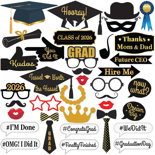 KatchOn, Graduation Photo Booth Props - Pack of 40 | Black and Gold Grad Photo Props, Graduation Decorations 2026 | Congrats Grad Props for Photoshoot 2026, Class of 2026 Decor | Grad Party Supplies