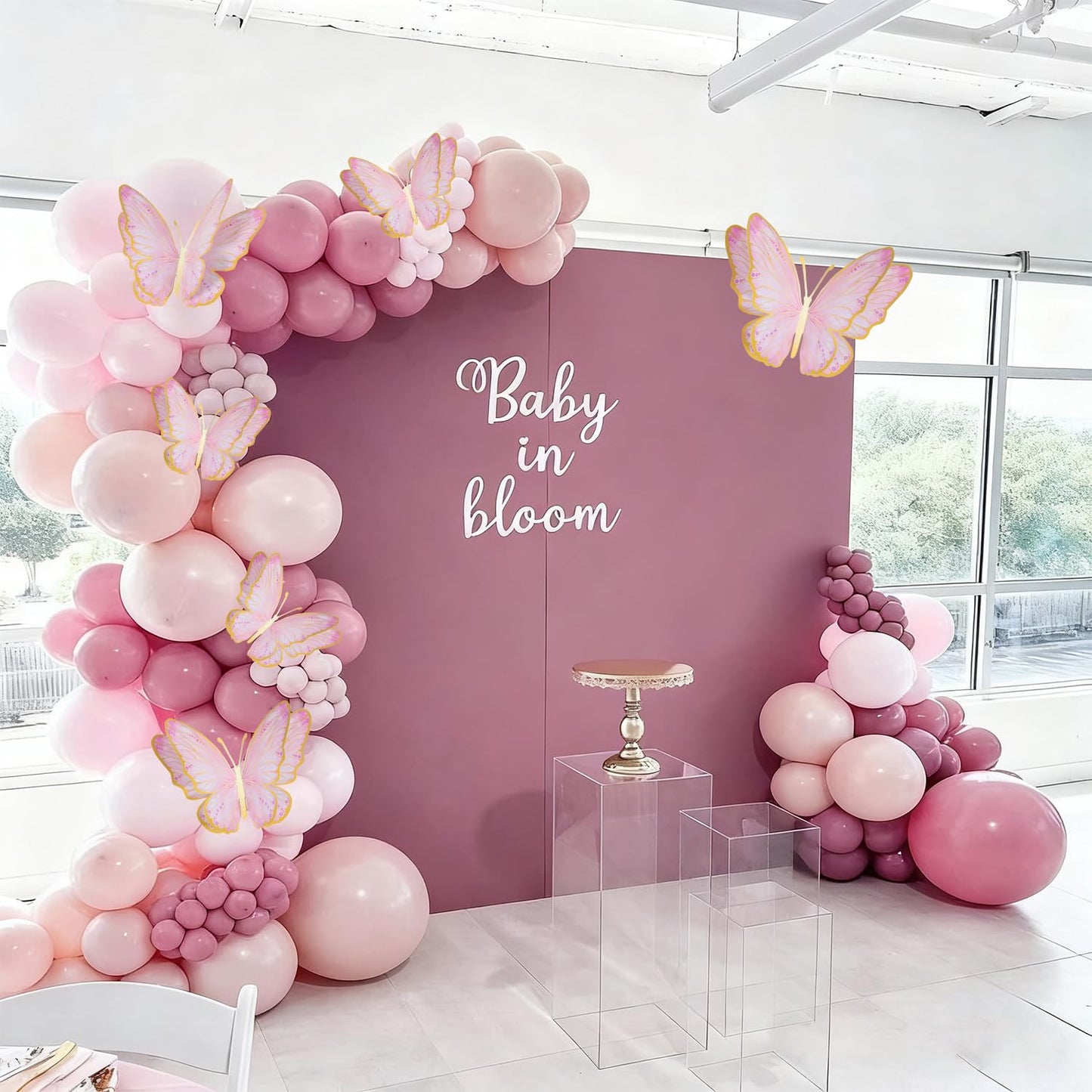 Mverse 3D Butterfly Wall Decor - Gold Paper Butterflies Sticker for Balloon Arch Garland & Cake Topper - Removable Mural Decals for Baby Shower, Wedding, Nursery & Girls Room Decoration (Pink)