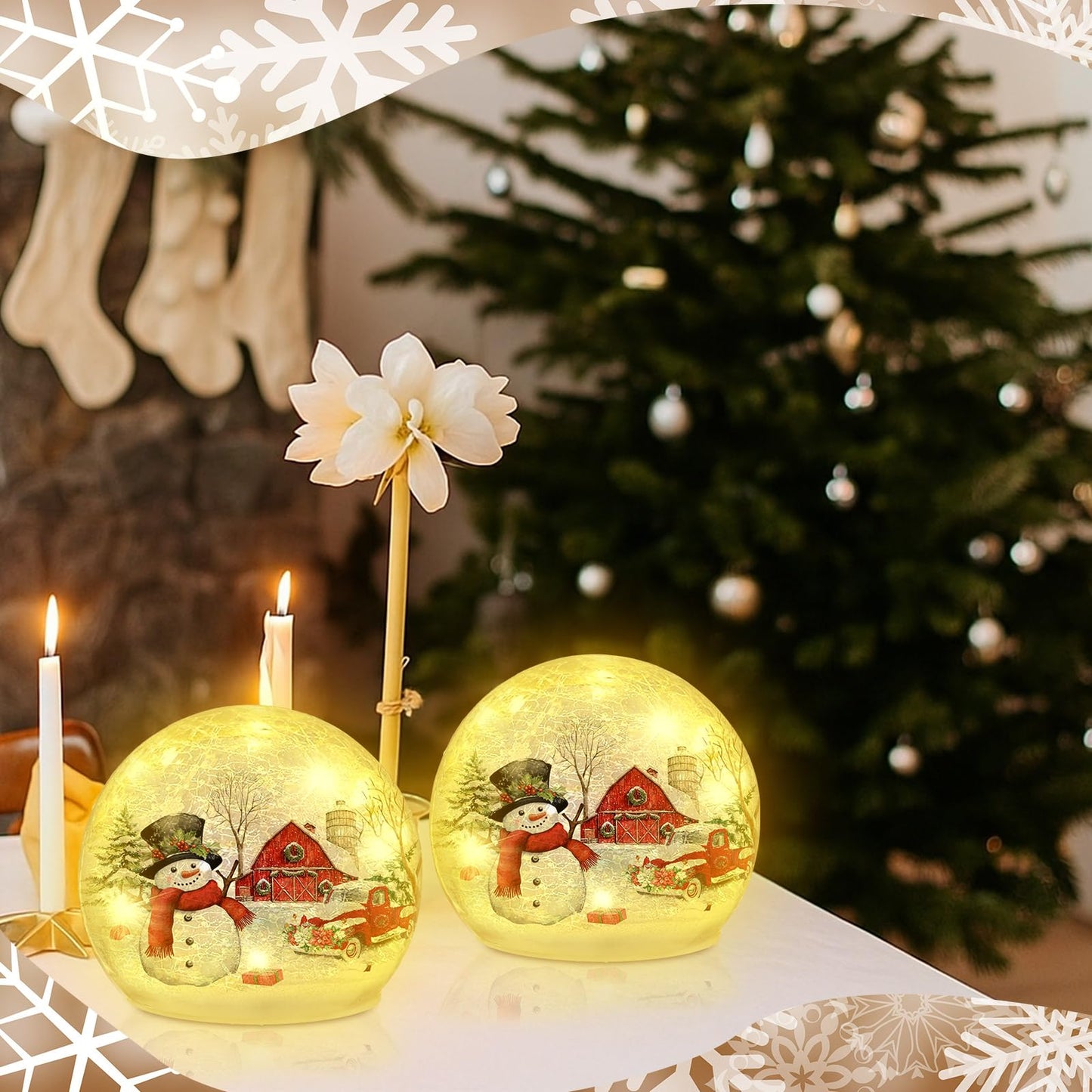Tujoe 2 Pcs Christmas Decorations Indoor Snowman Crackle Glass Globe 4" Ball Lamp Night Lights with LED Timer Battery Operated Lighted Christmas Table Decorations for Home Centerpiece Party Gift