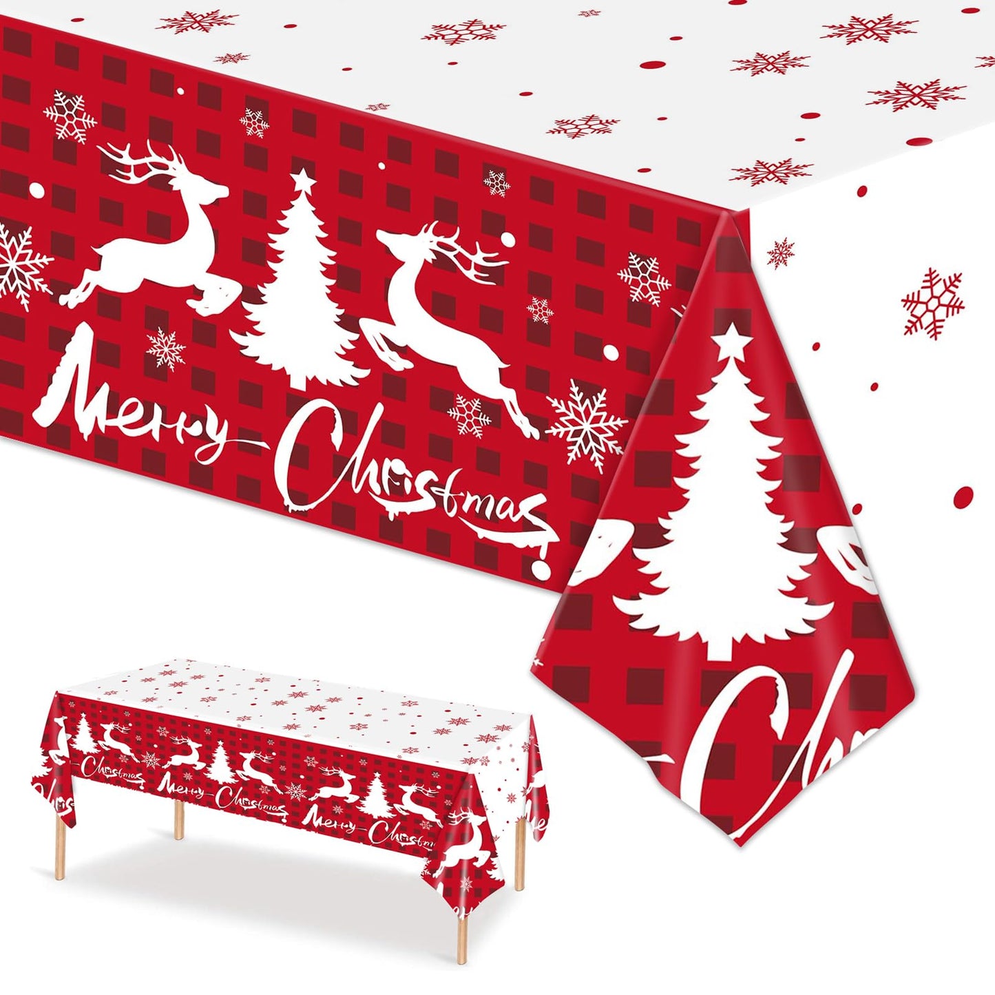 ORNALES Winter Christmas Tablecloths - 2-Pack, Winter Themed with Reindeer and Snowflakes, Disposable Plastic Tablecloths 54" x 108", Ideal for Indoor and Outdoor Christmas Party Decorations