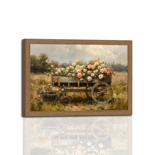 Framed Rustic Floral Wagon Canvas Wall Art Vintage Farm Cart Flower Painting Country Landscape Picture Print for Living Room Bedroom Farmhouse Decor12x16in