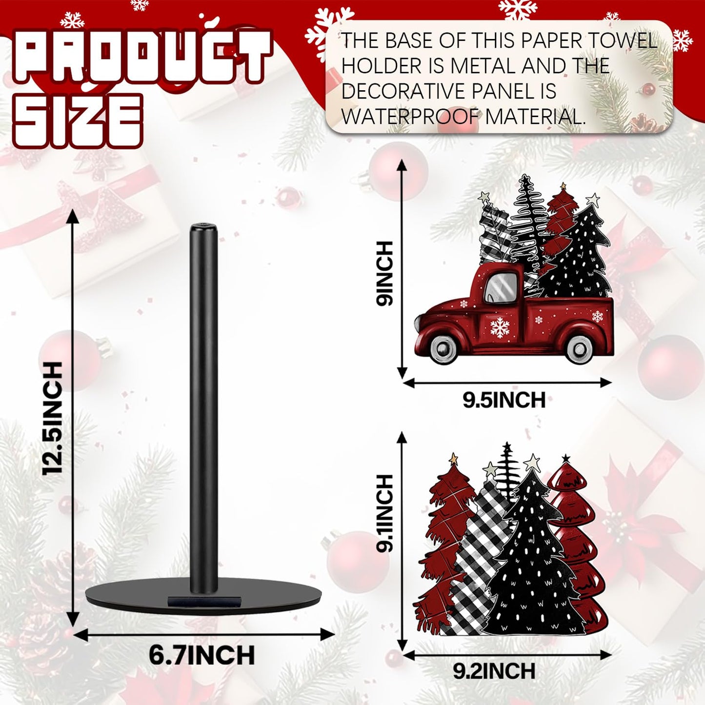 Christmas Paper Towel Holder, Red Truck Christmas Decor, Buffalo Plaid Christmas Tree Towels Paper Holder for Kitchen Countertop Bathroom Home Farmhouse, Winter Holiday Decoration Replaceable 2 Panels