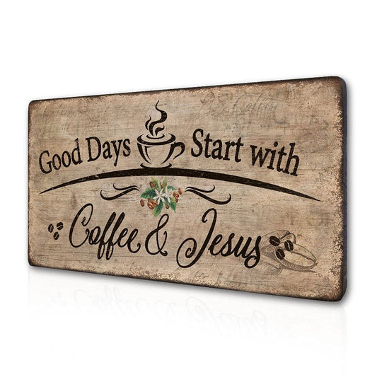 Rustic Wall Hanging Wood Plaque - Good Days Start with Coffee and Jesus - Coffee Bar Decor