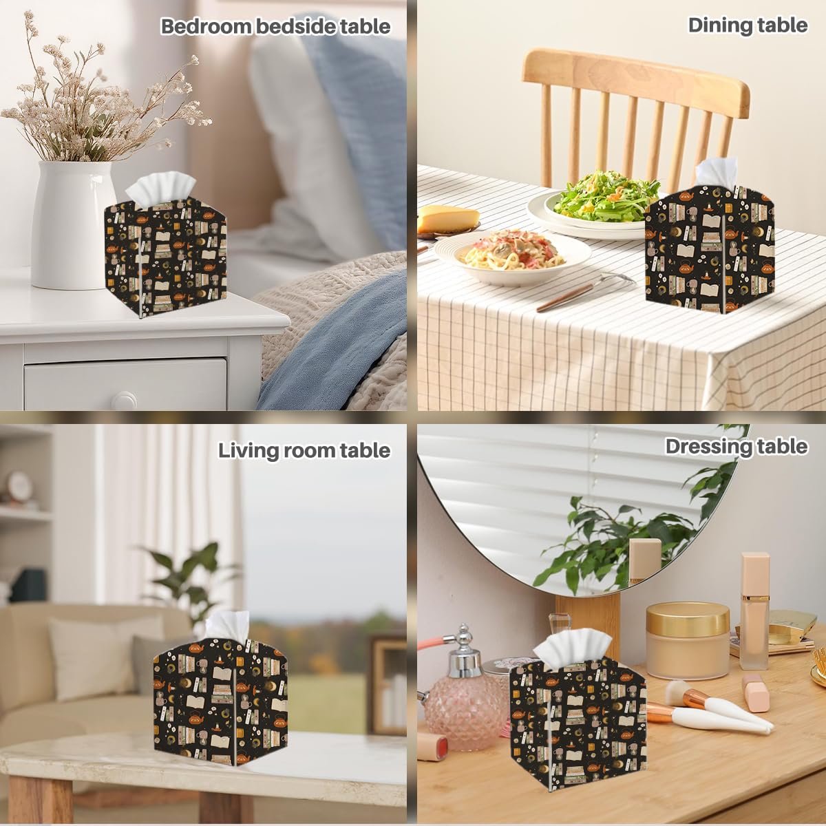 Tissue Box Cover, Tissue Box Holder, Square with Belt Bottom, PU Leather Decorative Organizer for Desk, Tabletop, Countertop Bathroom, Toilet Car, Office, Dresser Bedside, Aesthetic Books Flower Decor