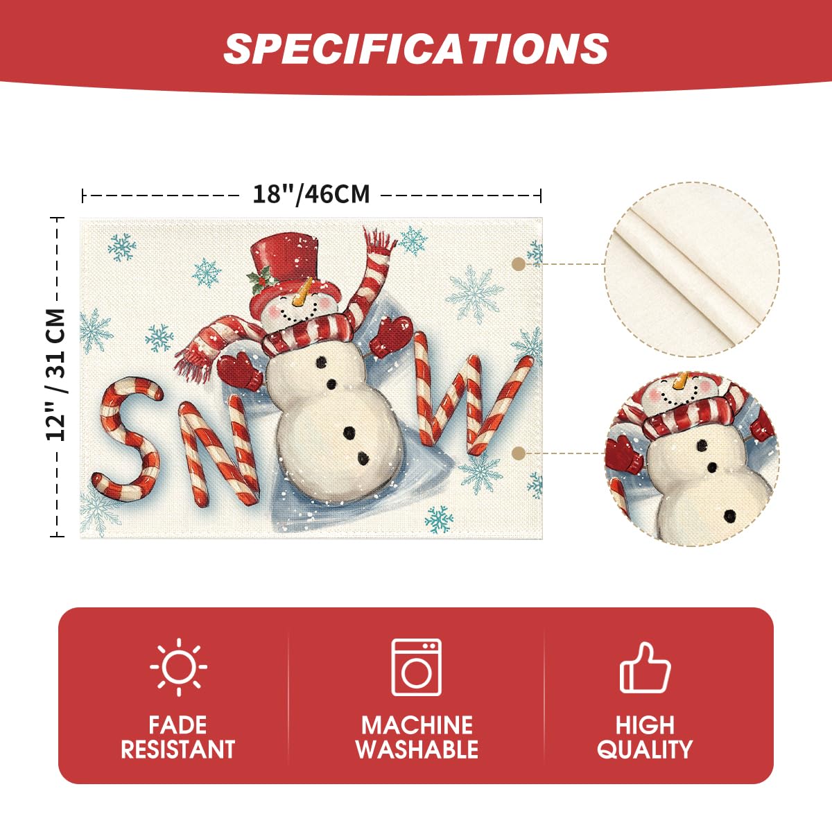 Artoid Mode Red Snow Snowman Winter Placemats Set of 4, 12x18 Inch Seasonal Holiday Christmas Place Mats for Party Dining Table