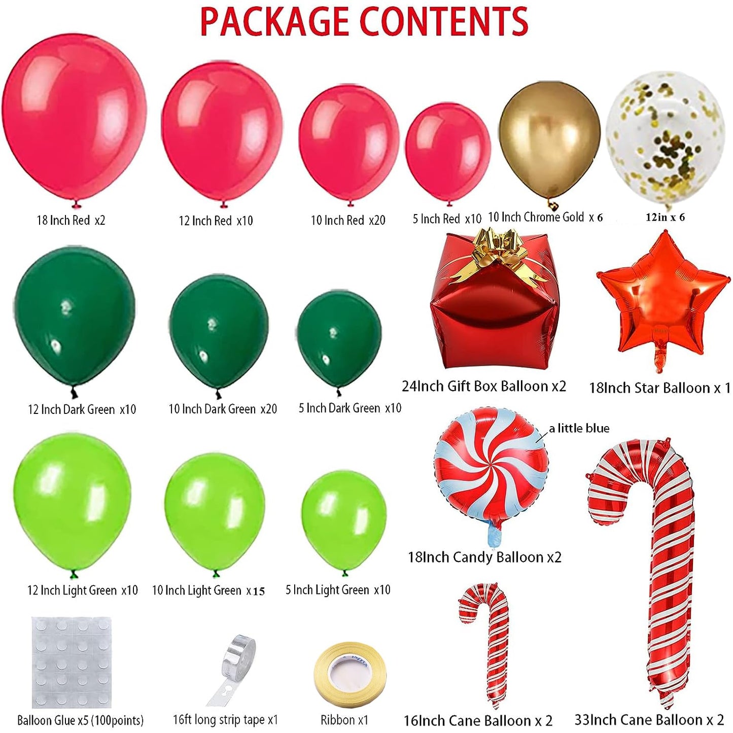 DBKL 138 Pcs Christmas Balloons Garland Arch Kit with Xmas Red Gold Green Balloons Candy Cane Gift Box Foil Balloons for Christmas Party Decorations Birthday Xmas Party Supplies