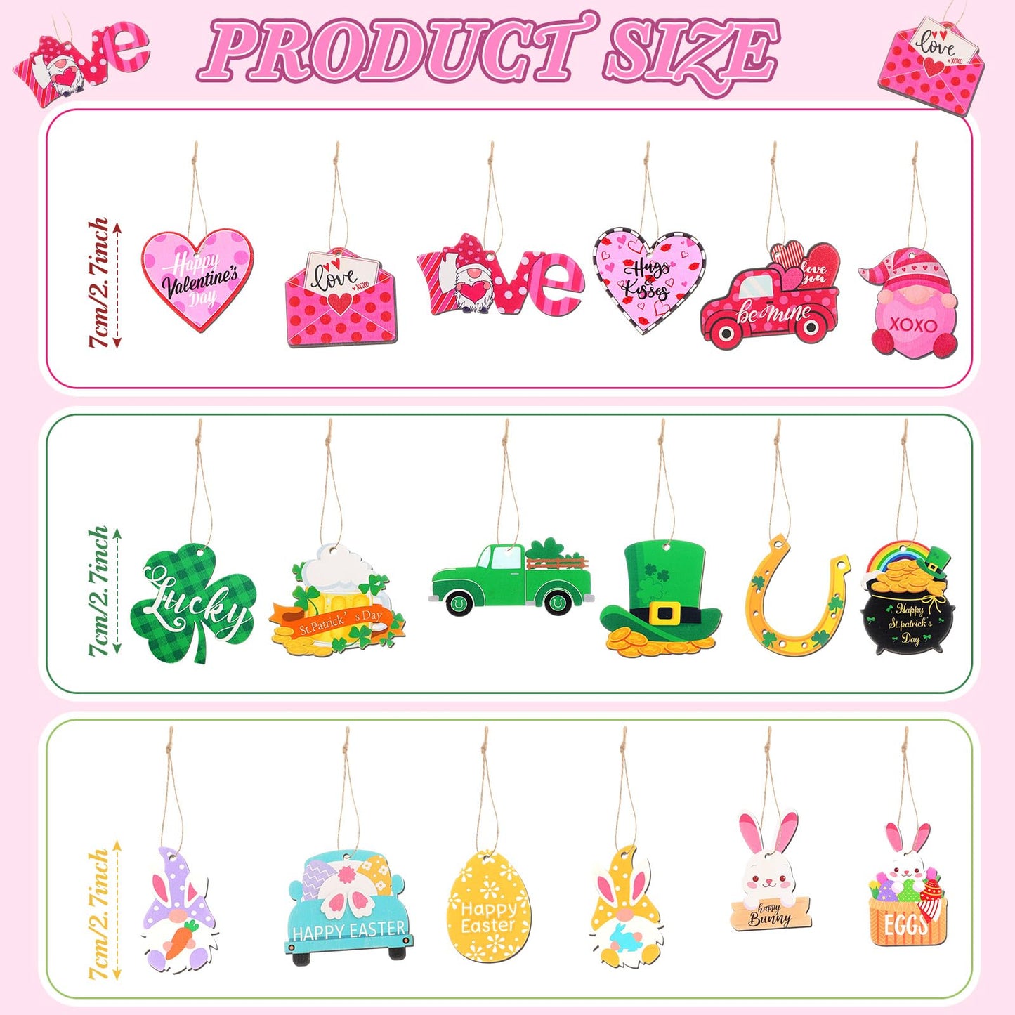 Jutom 108 Pcs Valentine's Day Wooden Tree Hanging Decorations St. Patrick's Day Easter Hanging Tree Ornament Bulk Holiday Wooden Decor for Seasonal Festive Party Favor Gift Supplies (Classic Style)