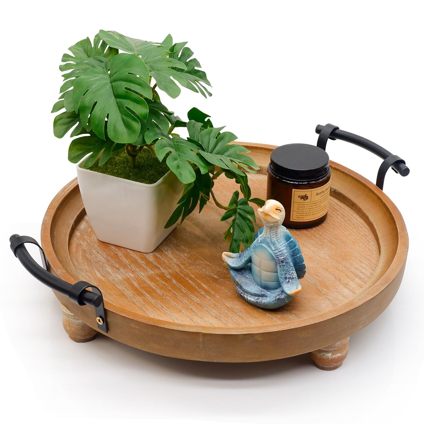 TOOLTENG Wooden Decorative Tray for Coffee Table, Round Wood Serving Tray with Metal Handles, 13 Inch Rustic Wood Trays for Tale Centerpiece, Home Kitchen Farmhouse Decor