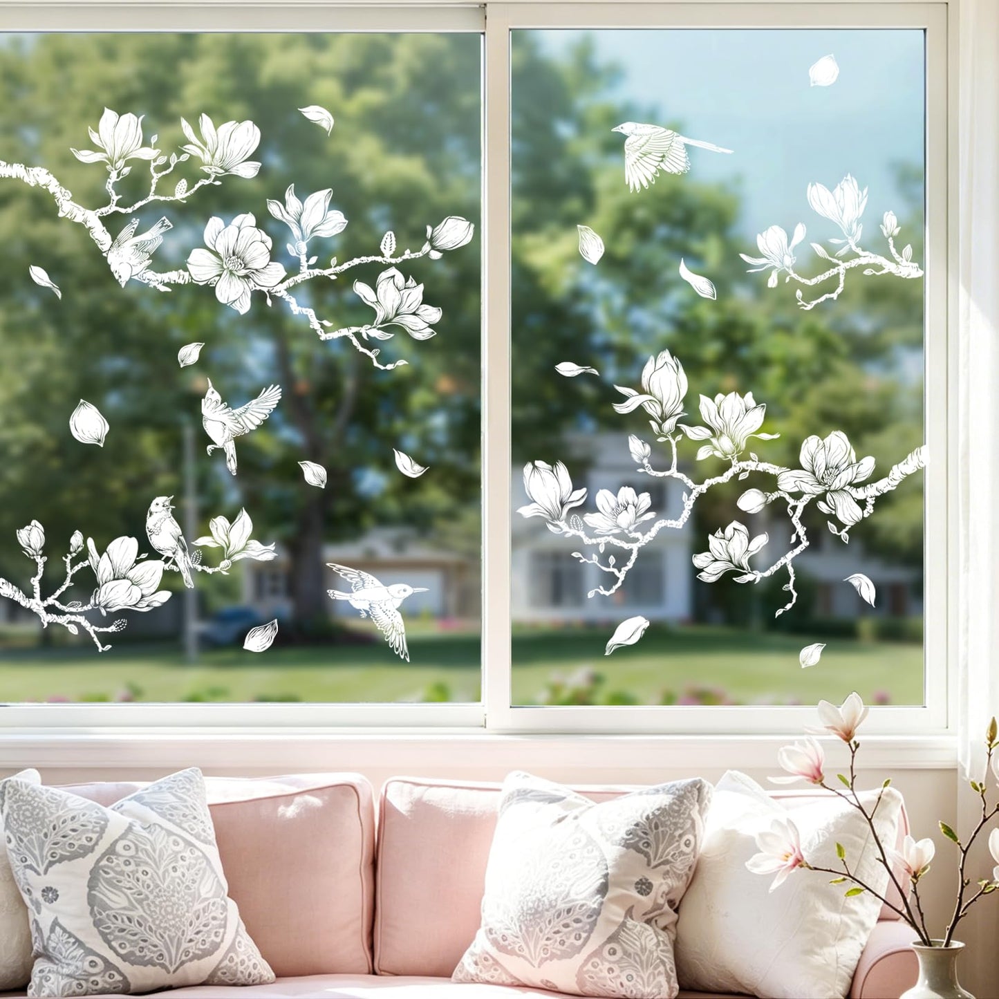Supzone Magnolia Flower Tree Window Clings White Tree Branch Birds Window Decals Double-Sided Anti-Collision Static Stickers for Home Slide Glass Door Decoration