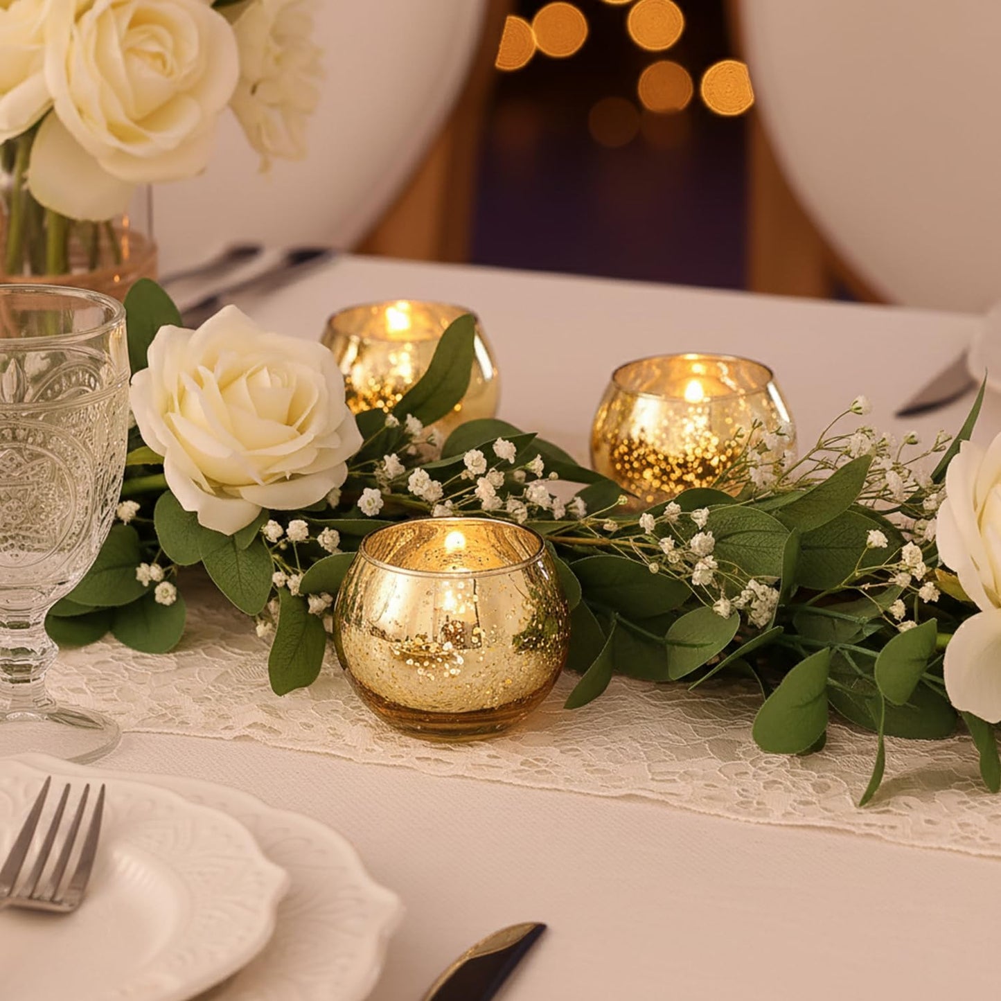 LAMORGIFT 12 Pcs Gold Votive Candle Holders- Gold centerpieces for Tables, Mercury Glass Votives for Wedding, Rehearsal Dinner, Engagement, Birthday Party Decorations