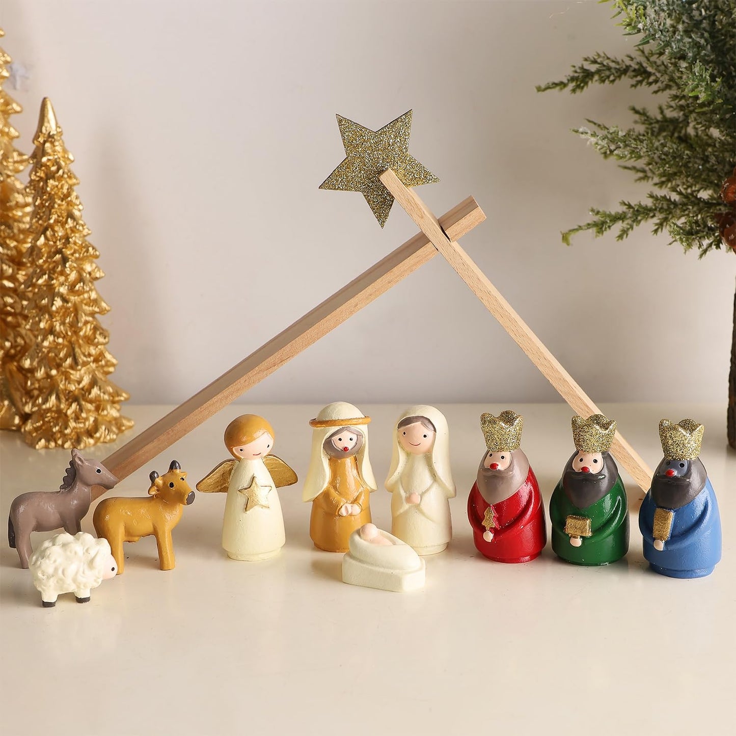 Juegoal Christmas Nativity Sets, Set of 11 Mini Nativity Scene Resin Figurines, Xmas Holy Family Cute Table Ornaments, Religious Holiday Collection Gifts, Baby Jesus Nativity Mantle Shelf Decor