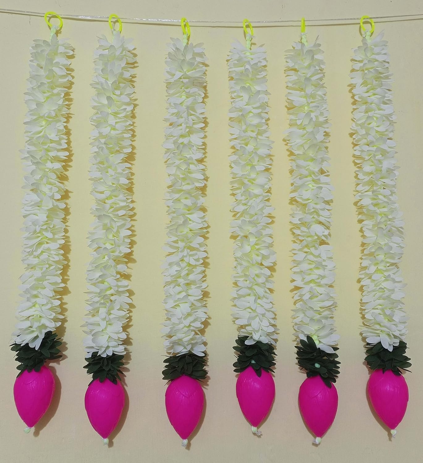 Set of 5 Artificial Jasmine Garland Toran with Lotus Buds, 13 Inch Strings Jasmine Garland Toran with Lotus Buds for Pooja Decoration Wall Hanging for Ganesh Chaturthi, Diwali & Festive Decor