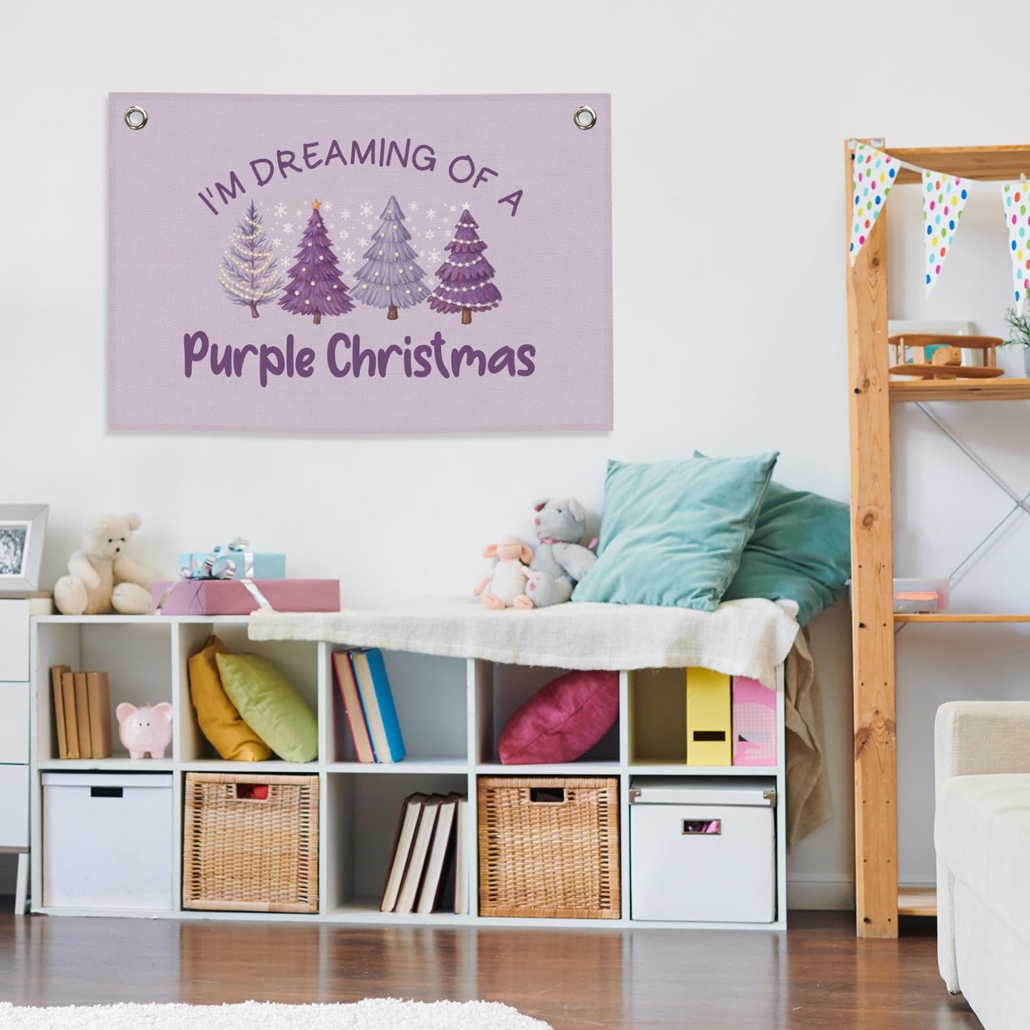 MNASAIOO Purple Christmas Tree Kids Banner, Preppy Trendy Girls Girly Room Decor, Winter Nursery Canvas Flag Wall Hanging Decor Art for Holiday Classroom Playroom Toddler Room Bedroom Dorm 20x30in