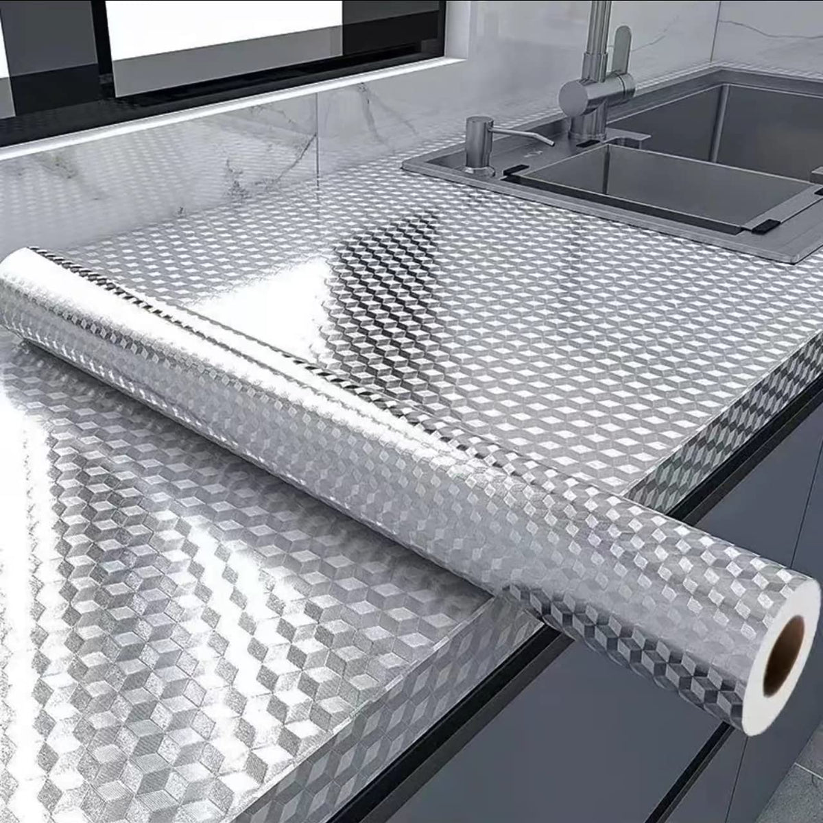 Waterproof & Oil-Resistant Aluminum Foil Peel & Stick Wallpaper - Silver Self-Adhesive Backsplash for Countertops, Cabinets, DIY Projects (Silver Chequer, 15.7"x394")