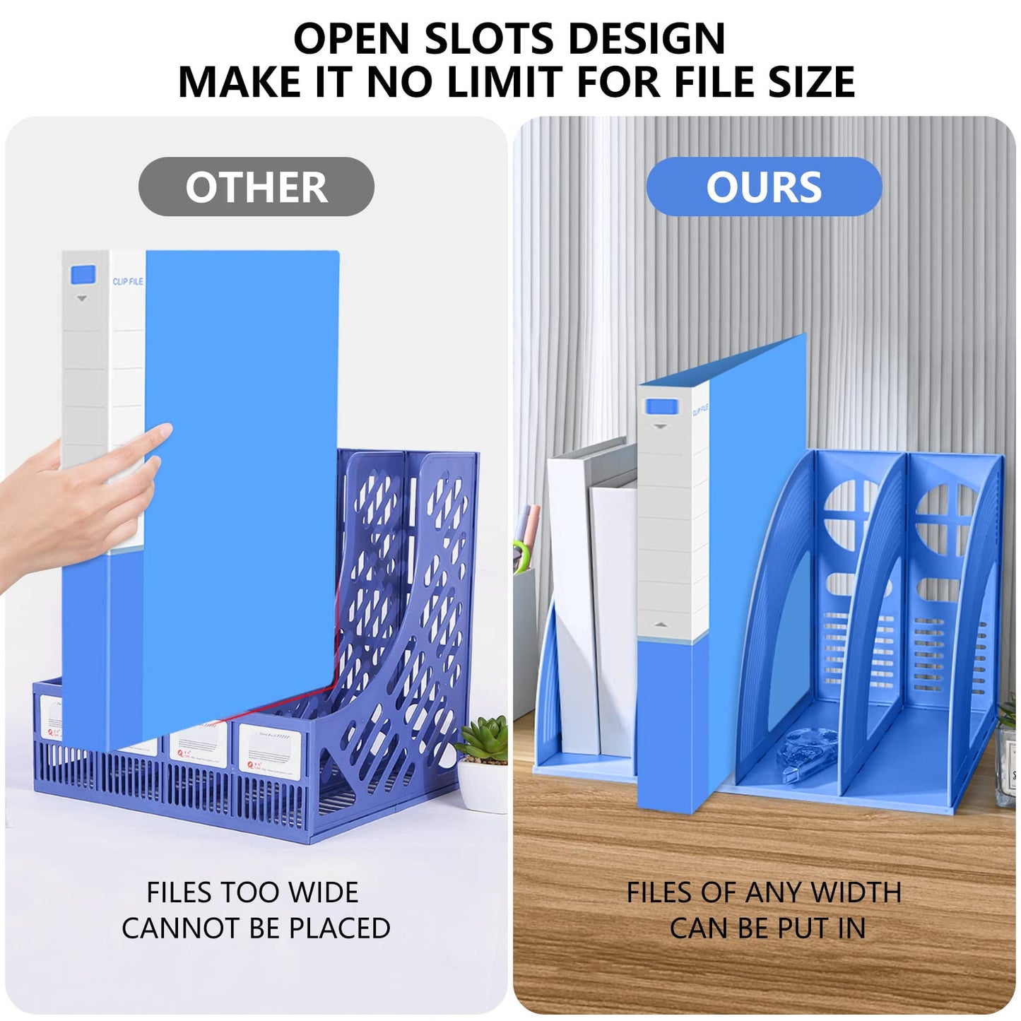 SAYEEC File Holder Storage Folder 4 Compartment Standing Desktop Hollow Organizer Blue Files Shelf Frame Thicken Plastic Paper Notebook Magazine Bookstore for Office School Supplier Students