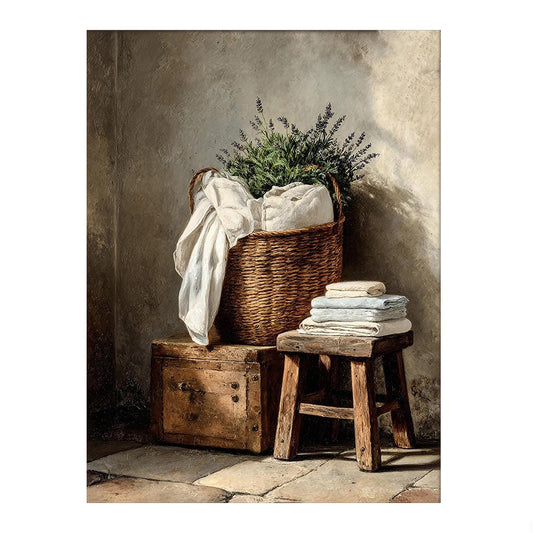 LaundryRoom Decor Wall Art,Laundry Scene,Rustic Towels Basket with Lavender,Vintage Laundry Basket Poster 11X14inch Unframed
