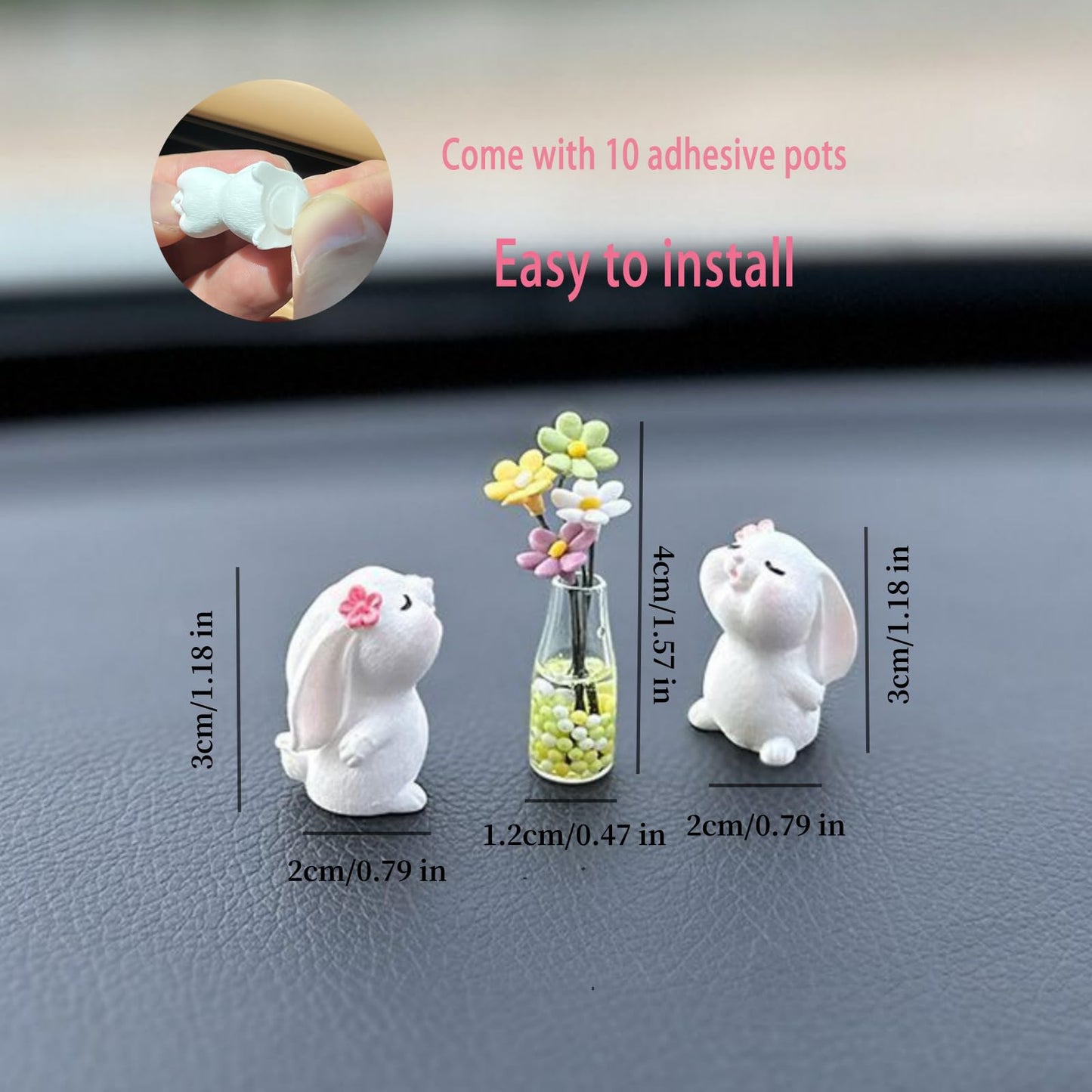 Cute Rabbit Car Dashboard Accessories Flowers Rear View Mirror Decorations, Funny Car Interior Accessories for Girls Women Daisy Charm