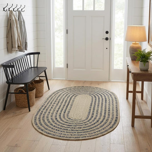 Cotton Braided Rug - 20" X 30" Beige and Navy Oval Woven Farmhouse Rug for Bathroom - Braided Minimalist Rugs for Kitchen - Rustic Primitive Rugs for Entryway