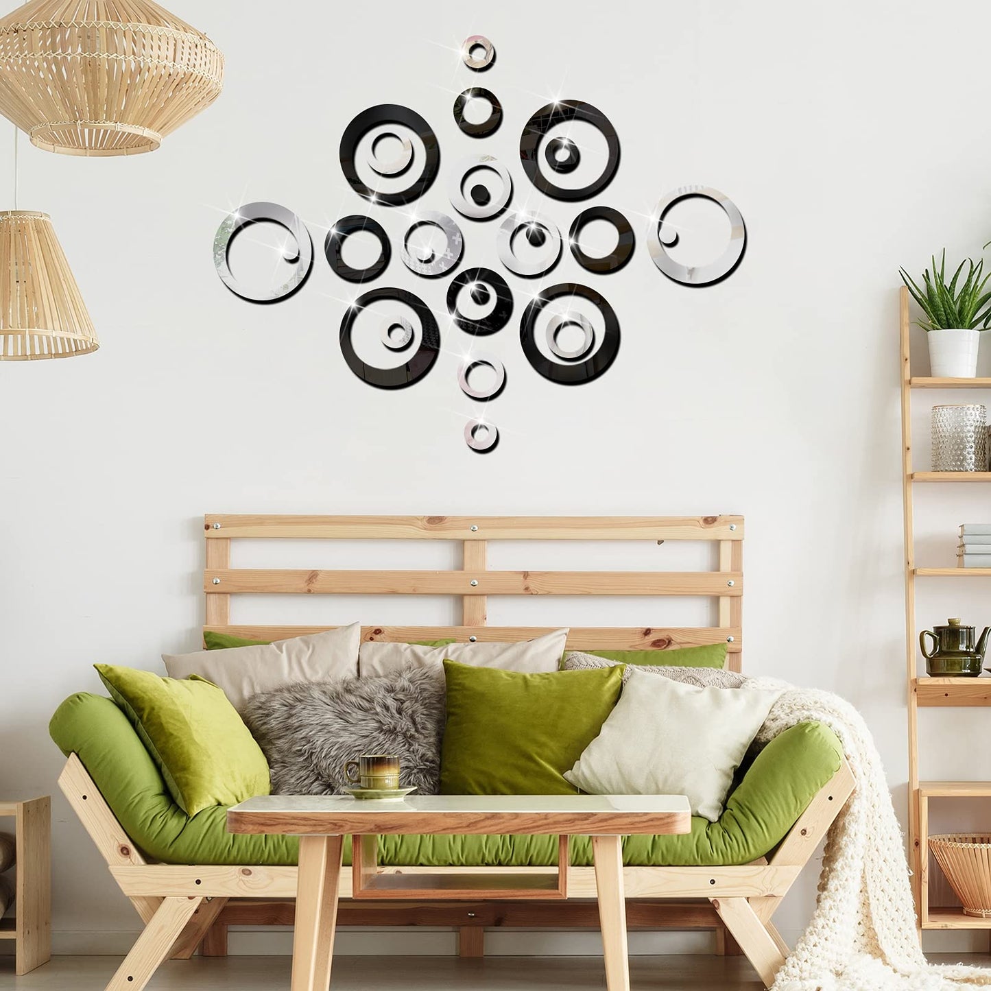 Outus 72 Pieces Wall Stickers Decor Acrylic Circle Mirror Removable Black and Sliver Wall Decor Round Dots DIY Red Living Room Decals Modern Art Murals for Home Bathroom Bedroom Decoration