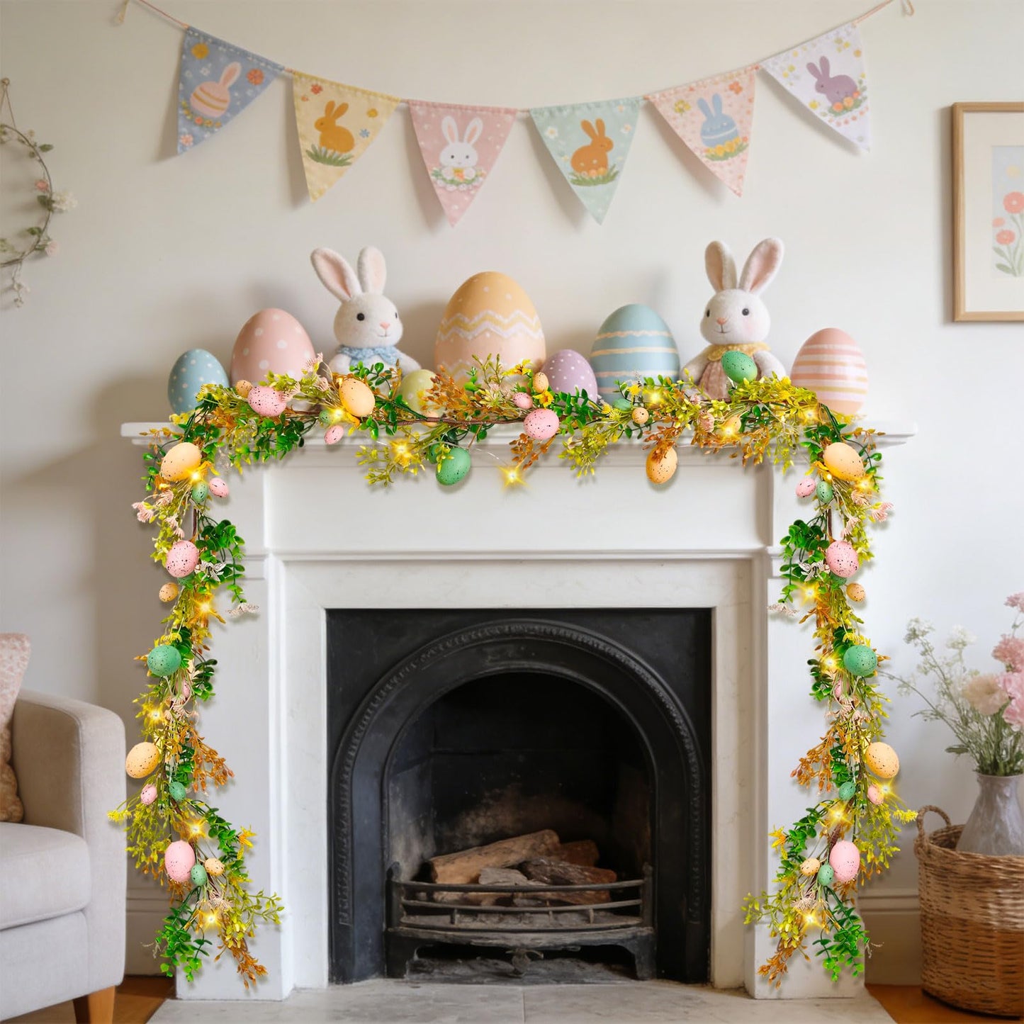 Tirdkid 6ft Lighted Easter Garland Festive Easter Decorations for Home & Outdoor, Spring Garland with Warm LED Lights for Mantle, Door, Fireplace, Table Centerpieces & Holiday Party