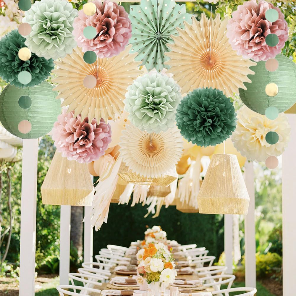 Sage Green and Dusty Pink Party Decorations Retro Olive Sage Green and Dusty Rose Party Decorations Cream Poms Beige Fans for Boho Pink Birthday Baby Shower Bridal Shower Wedding Engagement