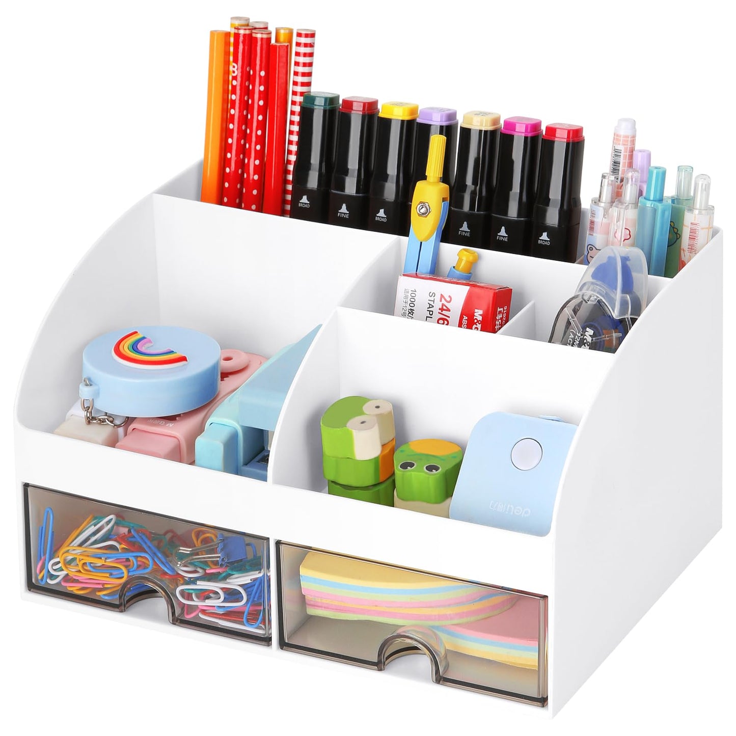 Office Desk Organizer with Drawers for Desktop/Tabletop/Counter, Desk Top Accessories Stationary Organizer Desk Caddy, Pen/Pencil/Business Card/Sticky Note Tray/Paperclip Holder Storage Box (White)