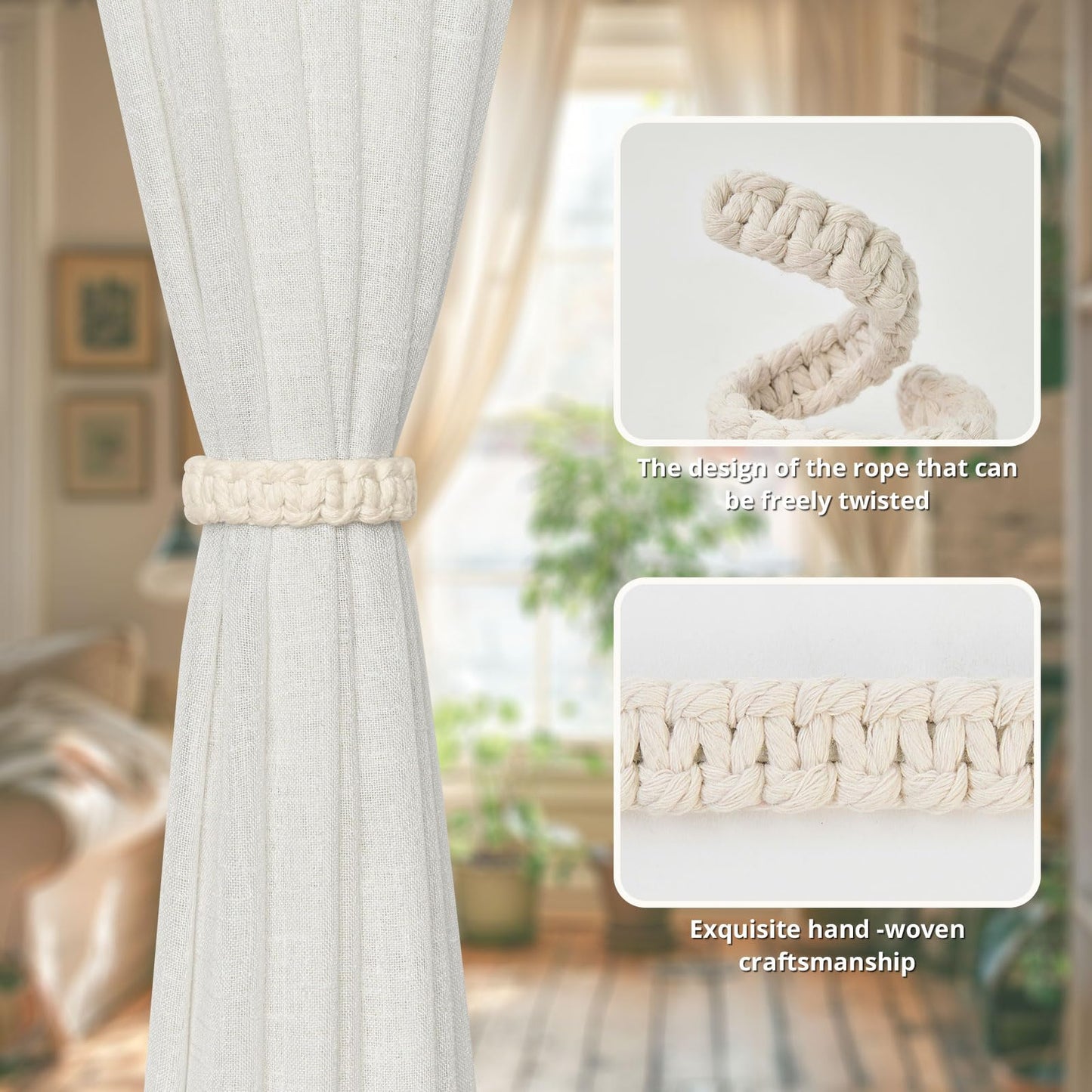 NICEEC 2 Pack Natural Cotton Rope Curtain Tiebacks Farmhouse Rustic Style Decorative Drape Tie Backs Handmade Braided Curtain Holdbacks for Home & Office Sheer/Light Weight Drapery (C-Beige-S)
