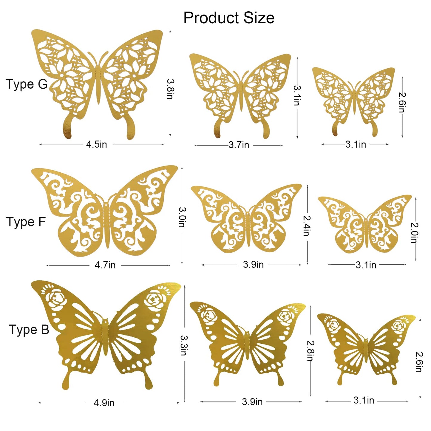 Lefiocky 180 Pcs 3D Butterfly Wall Decor 3 Style Gold Silver Rose Gold Butterflies Sticker Decorations 3 Sizes Removable Wall Decals for Cake Decorating Wedding Birthday Party DIY Cosplay