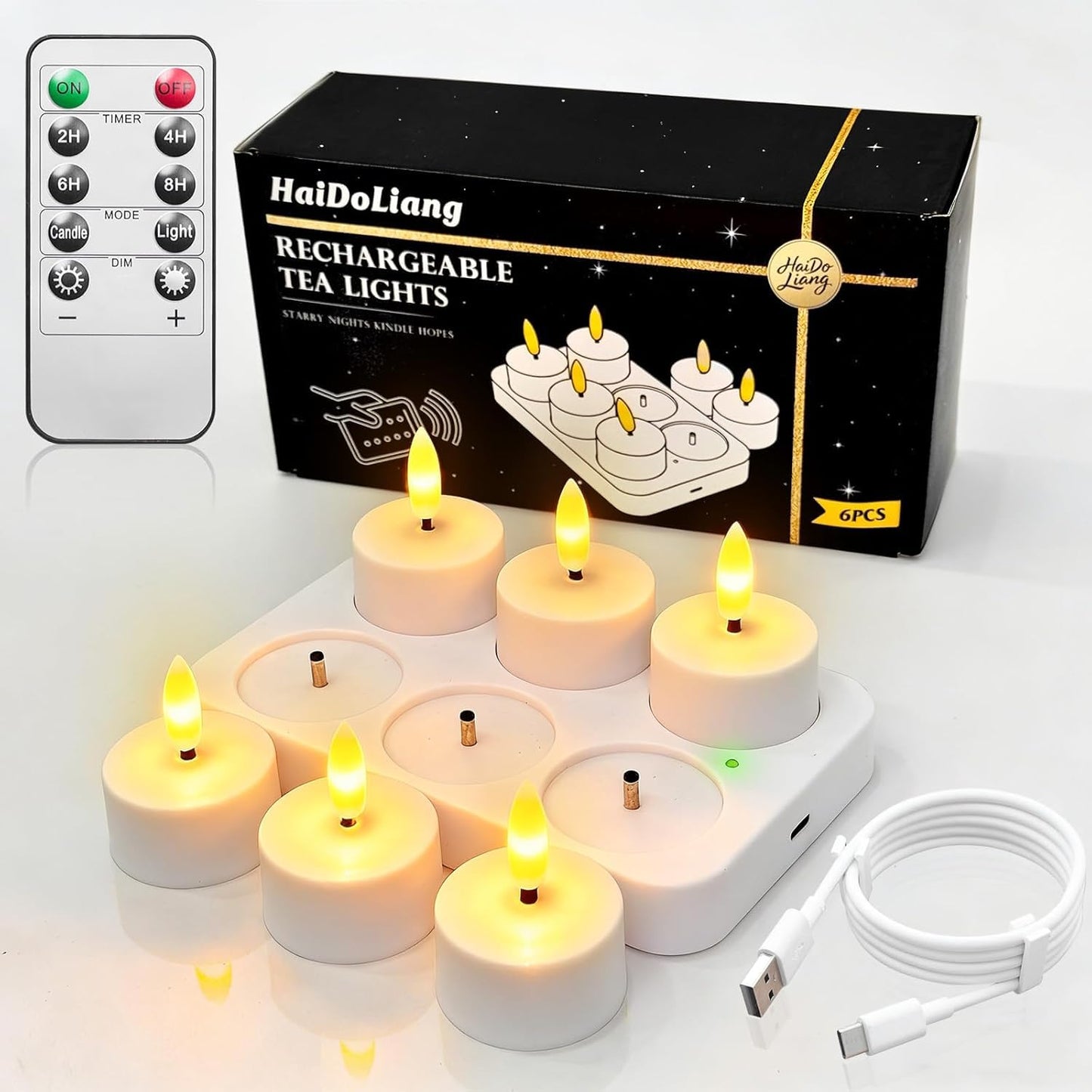 HAIDOLIANG Rechargeable Tea Lights with Remote Timer & Dimmer, USB Flickering Battery Operated Flameless Candles for Aniversary, Wedding Centerpiece Table Decor, Halloween, Christmas (6PCS)