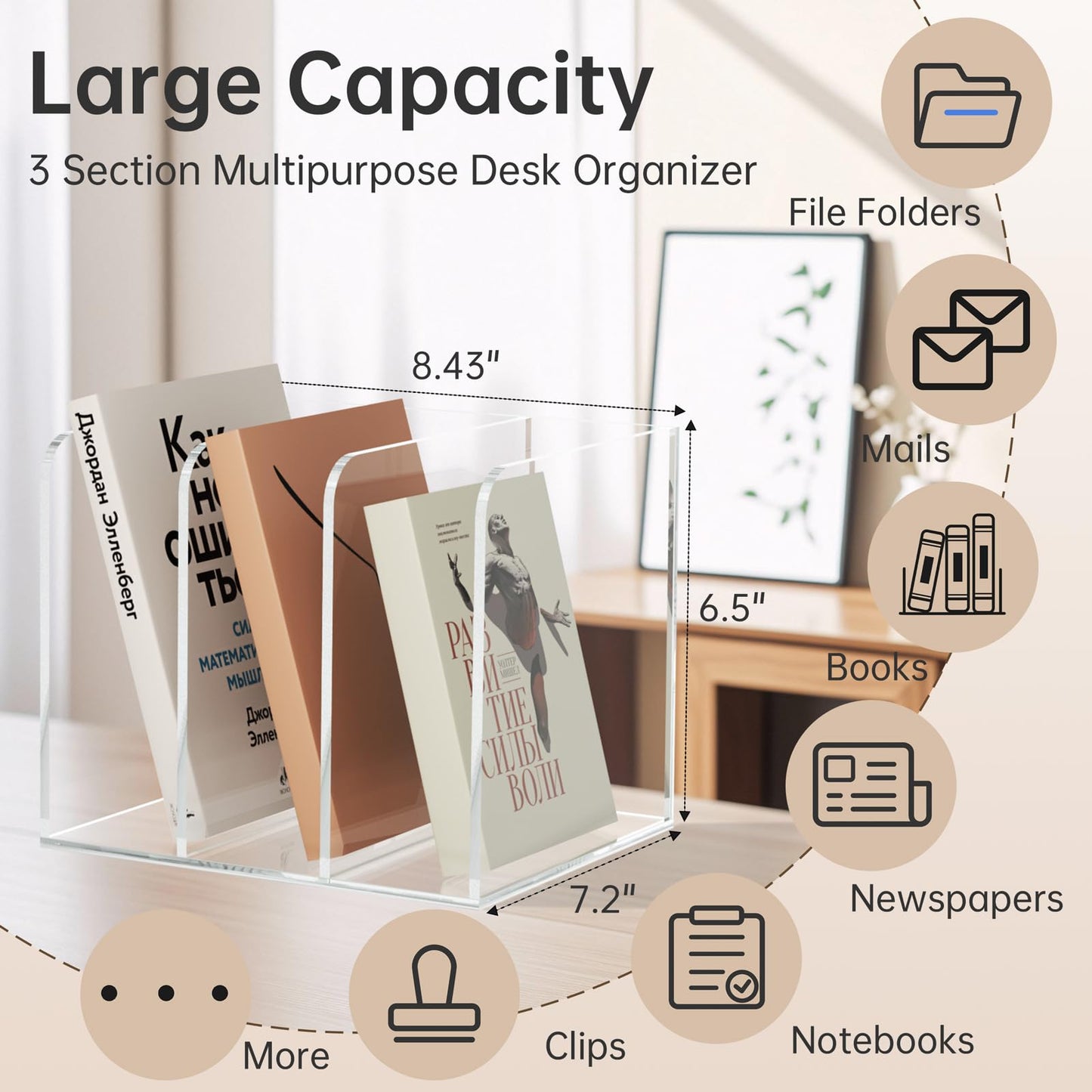 POCFOINY Acrylic Desk Organizer Book Organizer, Magazine File Holder, Vertical File Organizer Stand File Folder Holder, Mail Organizer Countertop Mail Sorter File Sorter, Clear Book Ends Book Holder