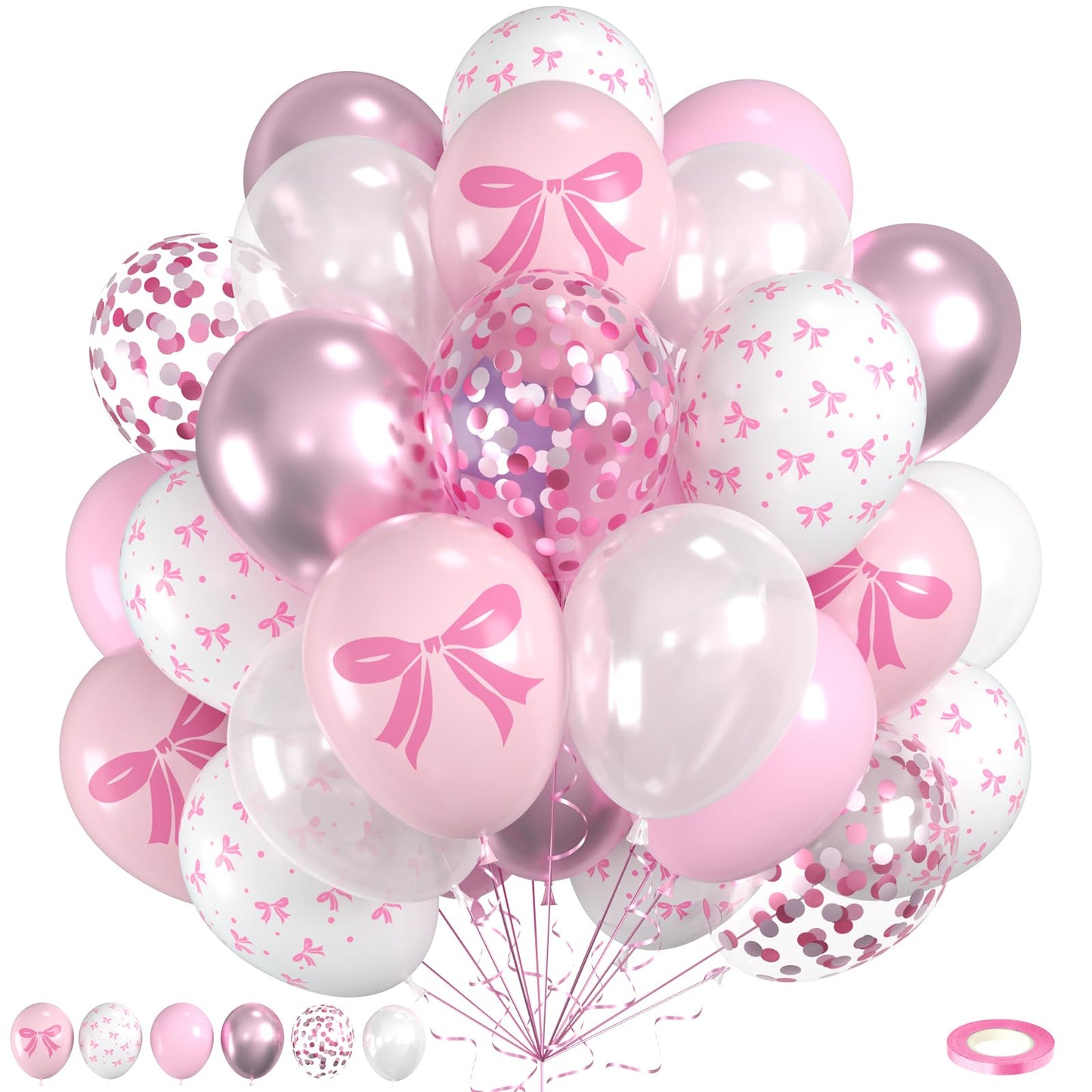 Pink Bow Balloons, 60pcs Pink and White Balloons, Bow Printed Balloon Metallic Confetti Balloon For Girls Women Princess Coquette Birthday Bridal Baby Shower Party Engagement Wedding Anniversary Decor