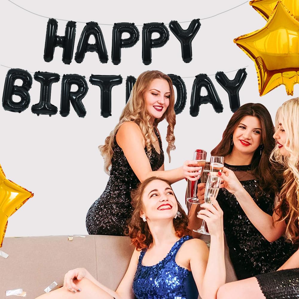 TONIFUL Black Happy Birthday Balloons Banner 16 Inch Mylar Foil Letters Birthday Sign Banner Bunting Reusable for 30th 40th 50th 60th Adults and Halloween Supplies