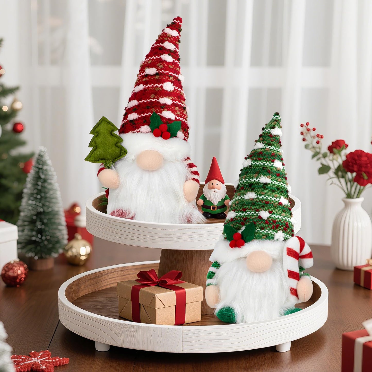 Christmas Gnome Decorations Indoor 11.4inch Light Up Christmas Gnomes Plush Home Decor Leprechaun Hold Candy Cane Ornaments with LED Lights Elf Tiered Tray Xmas Gifts Decor (Set of 2)
