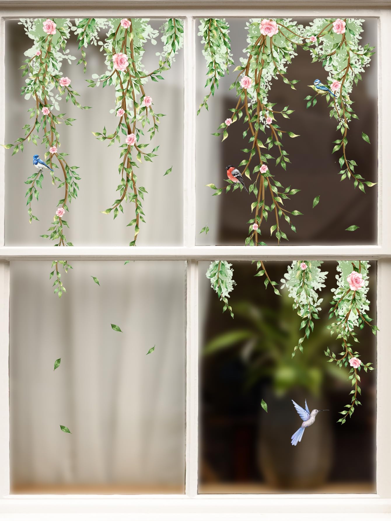 Hanging Vine Wall Stickers - Bird Green Leaves Flowers Decal Peel and Stick Removable Wall Art for Bedroom Living Room Nursery Window Glass Home Decor,30.5 cm x 50.5 cm