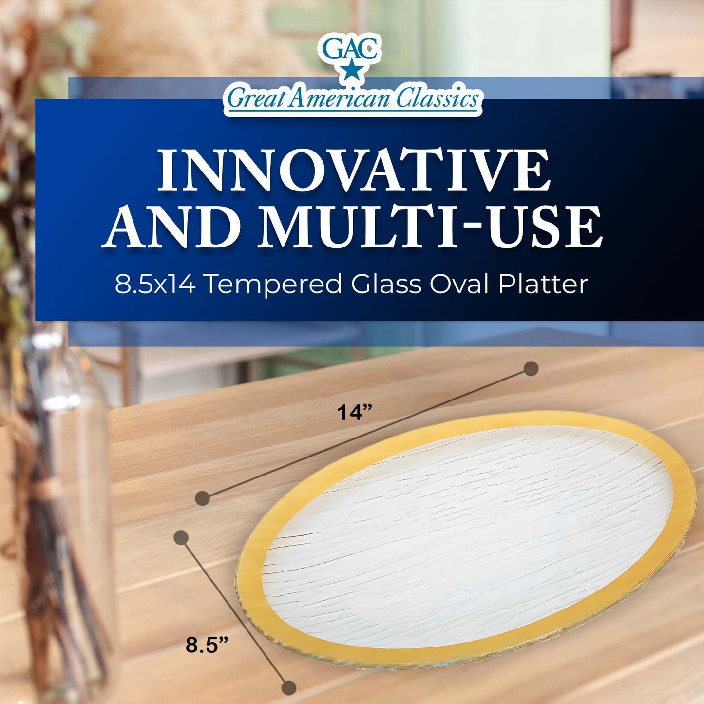 Tempered Glass Oval Meat Serving Tray – Durable Food Platter for Serving Dishes, Party Trays and Platters, Microwave Oven & Dishwasher Safe Decorative Tray – 8.5 x 14 Inch, Gold