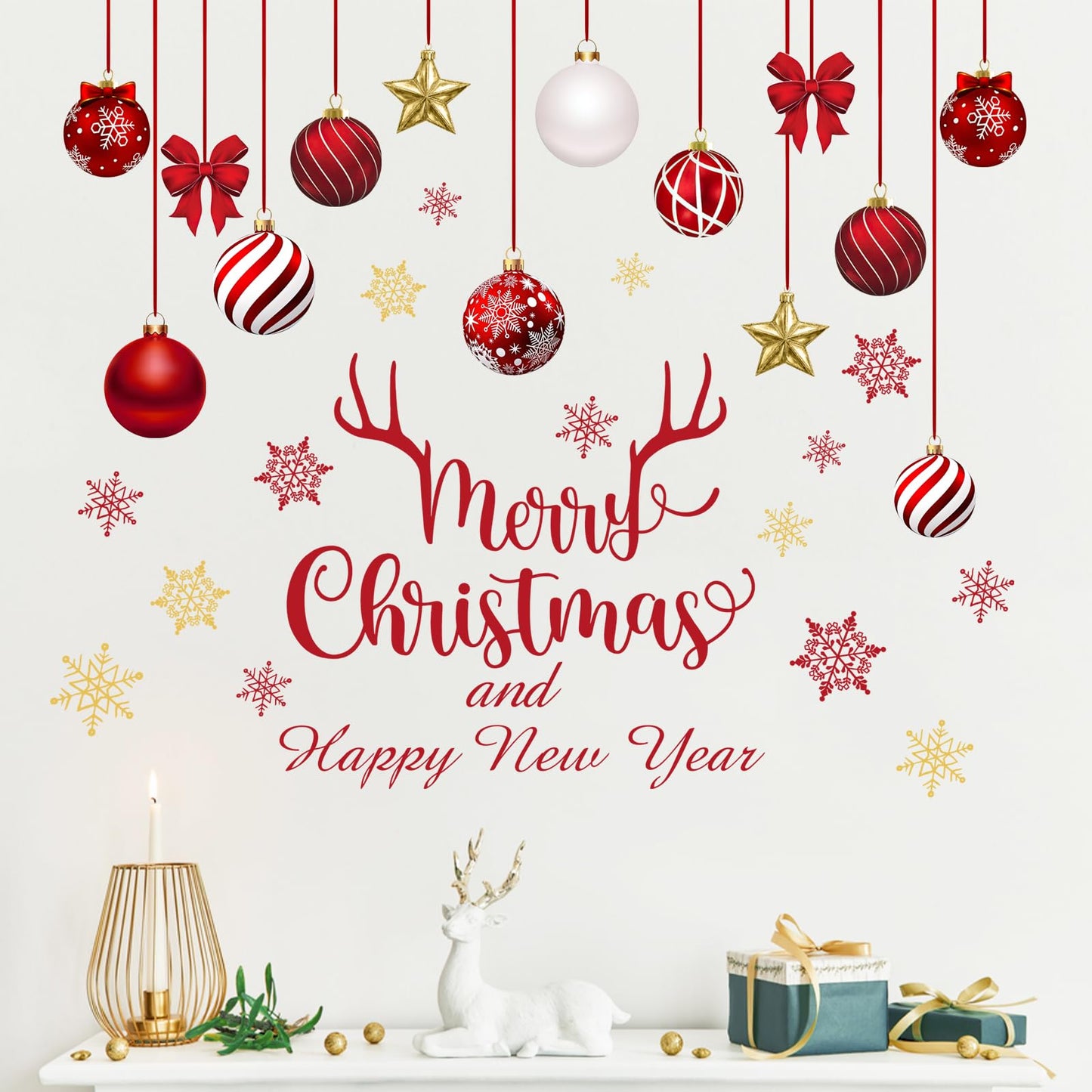 Mfault Merry Christmas and Happy New Year Wall Decals Stickers, Red Gold Xmas Balls Snowflake Decorations Bedroom Art, Winter Holiday Star Bow Antler Home Kitchen Decor